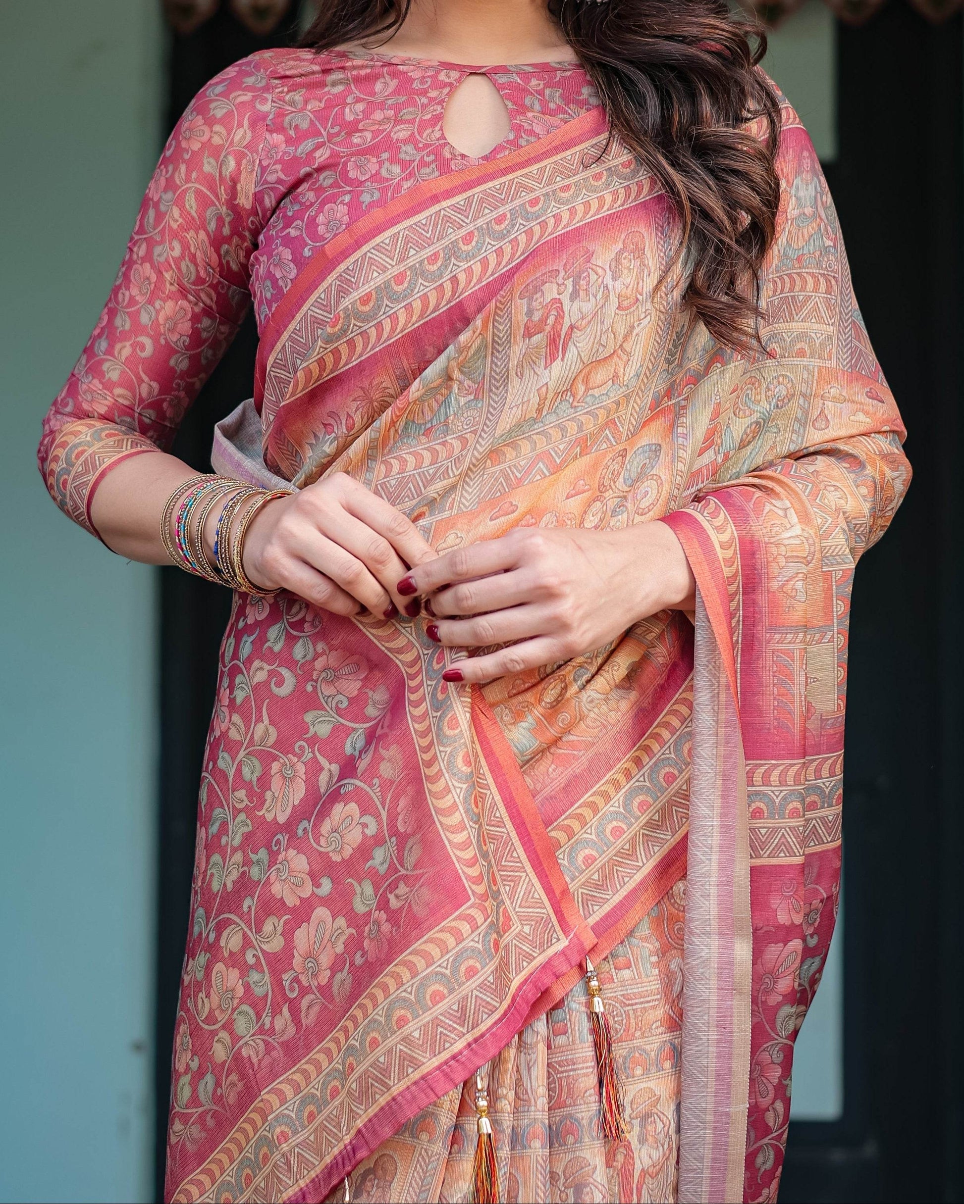 Peach and Pink Handloom Cotton-Linen Saree with Mythological Motifs and Floral Pallu - SEEANS