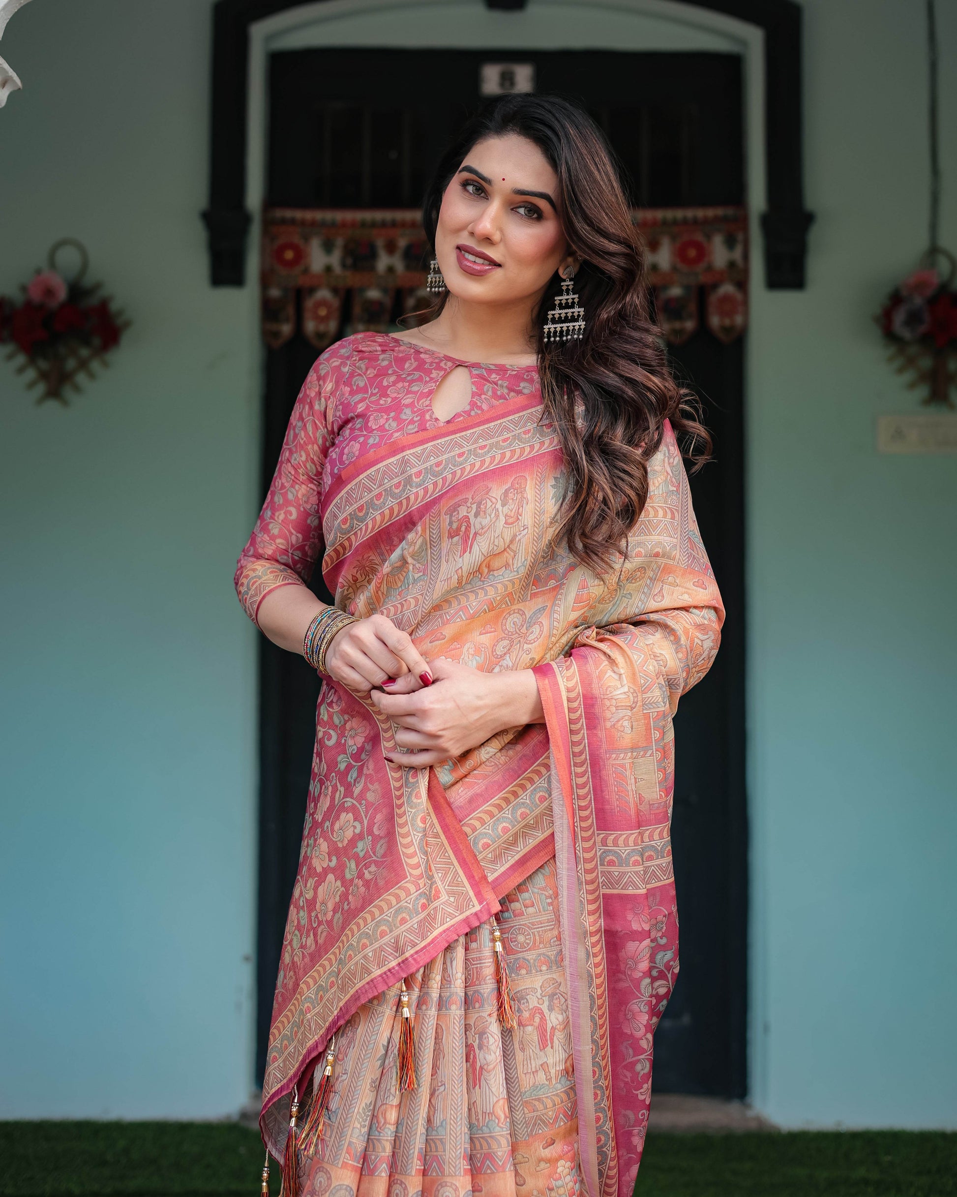 Peach and Pink Handloom Cotton-Linen Saree with Mythological Motifs and Floral Pallu - SEEANS