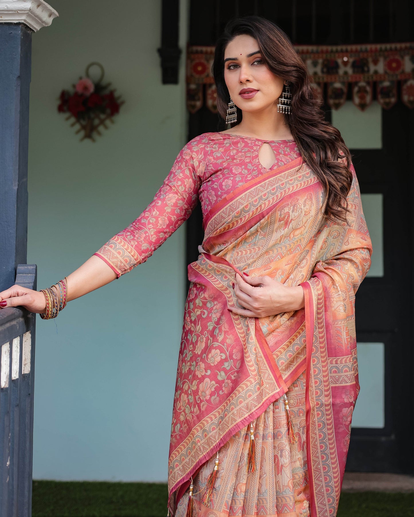 Peach and Pink Handloom Cotton-Linen Saree with Mythological Motifs and Floral Pallu - SEEANS