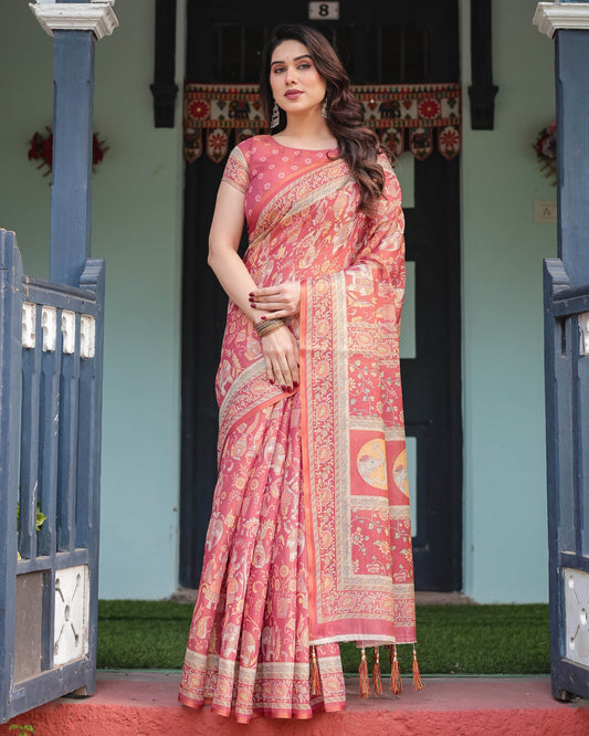 Crimson Red Handloom Cotton-Linen Saree with Mythological Motifs and Floral Border - SEEANS