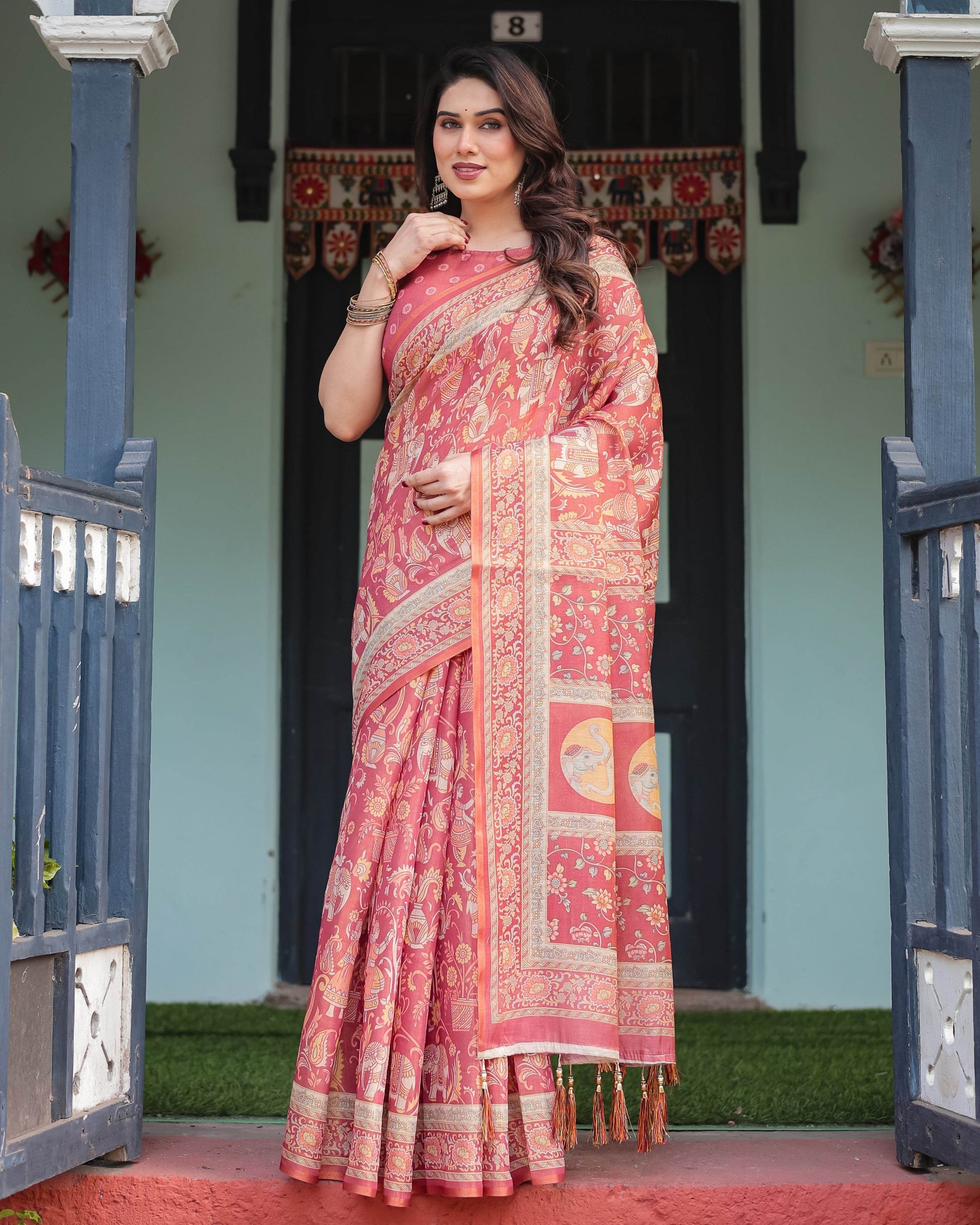 Crimson Red Handloom Cotton-Linen Saree with Mythological Motifs and Floral Border - SEEANS