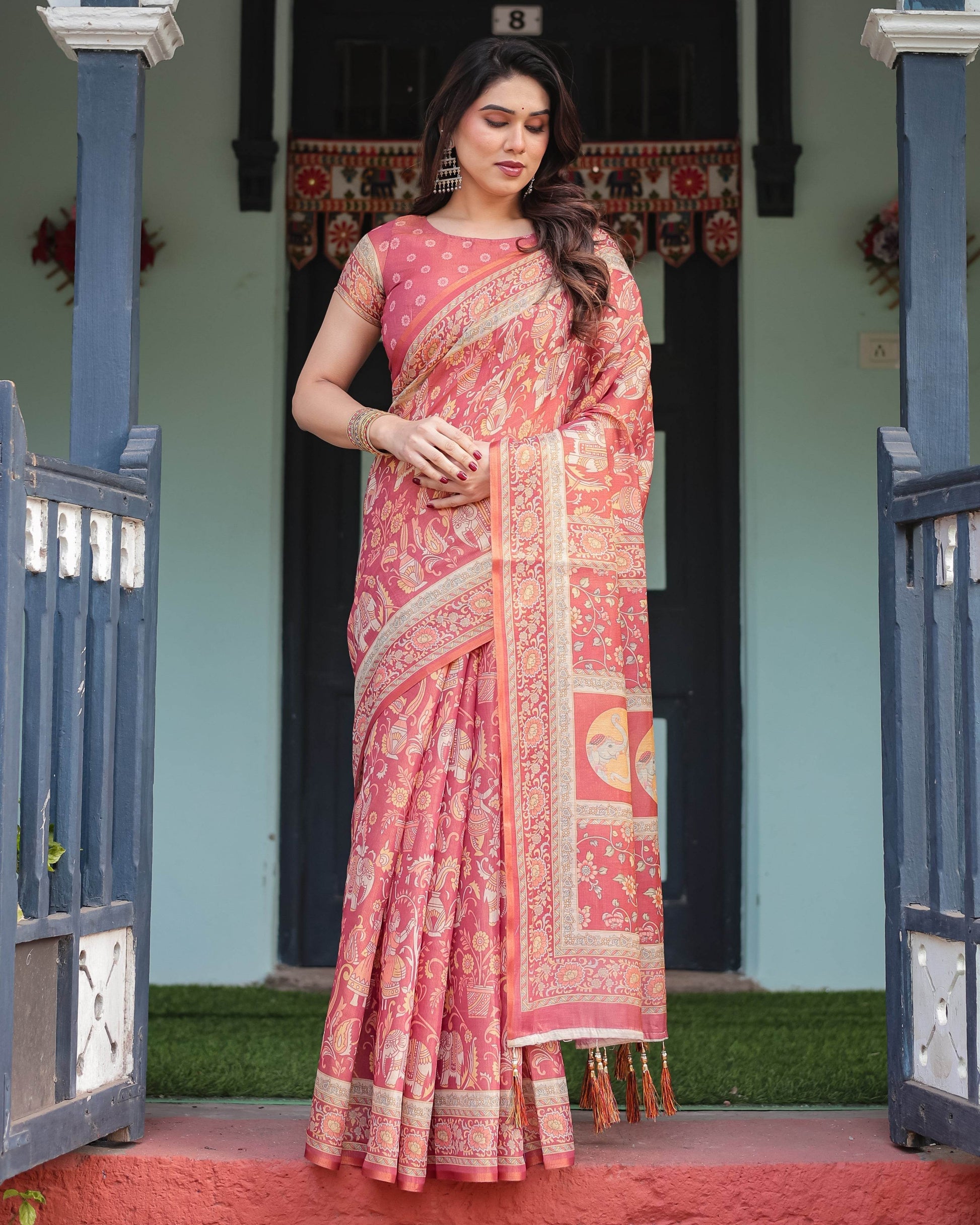 Crimson Red Handloom Cotton-Linen Saree with Mythological Motifs and Floral Border - SEEANS