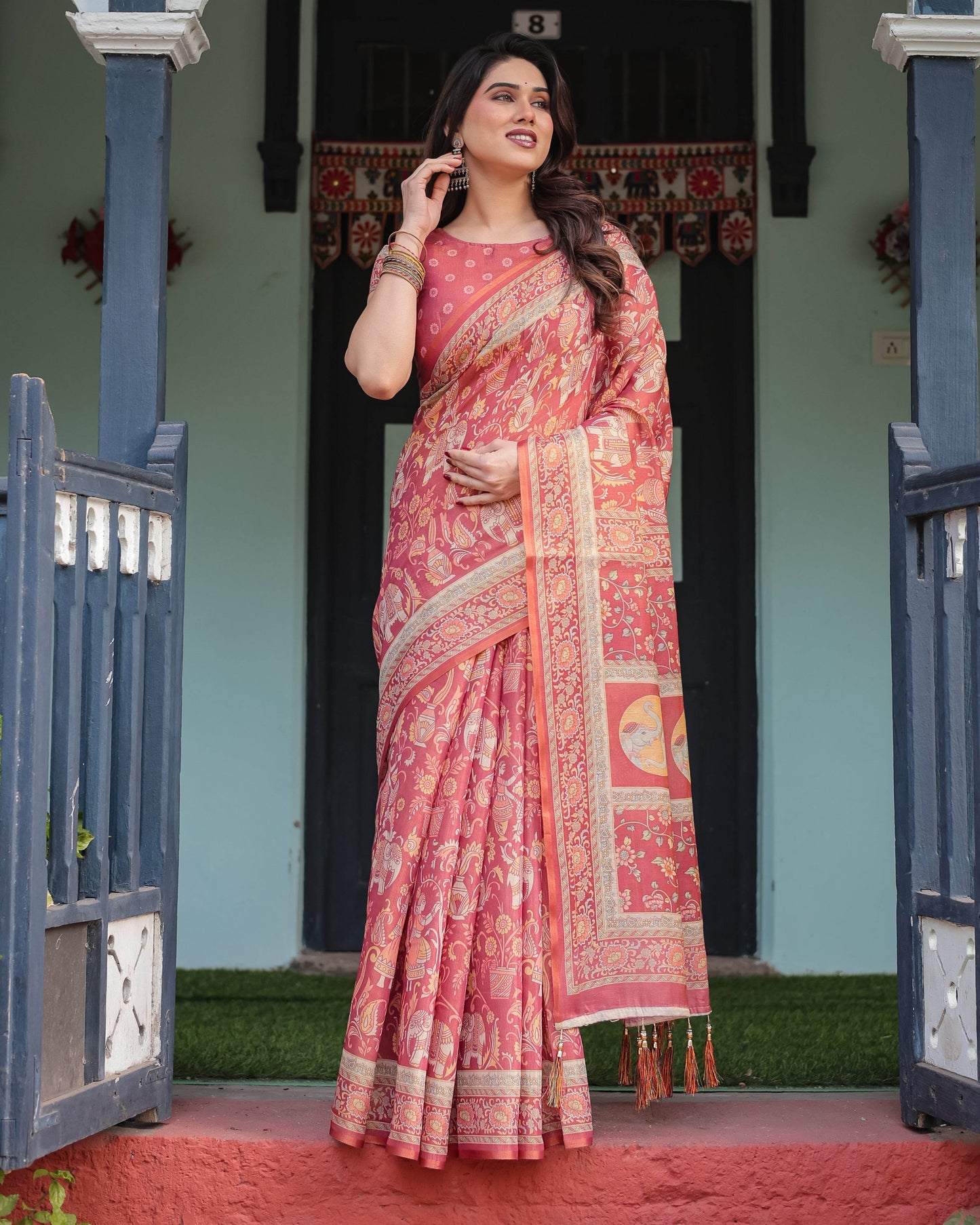 Crimson Red Handloom Cotton-Linen Saree with Mythological Motifs and Floral Border - SEEANS