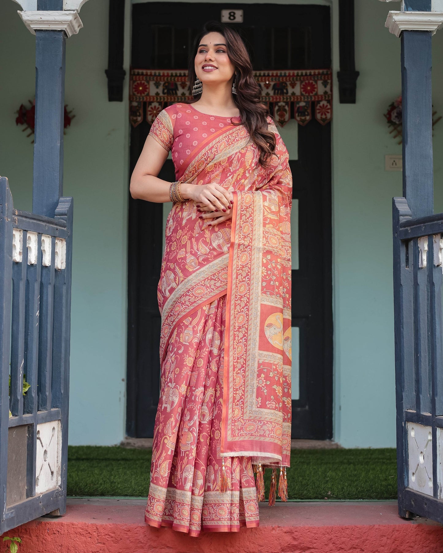 Crimson Red Handloom Cotton-Linen Saree with Mythological Motifs and Floral Border - SEEANS