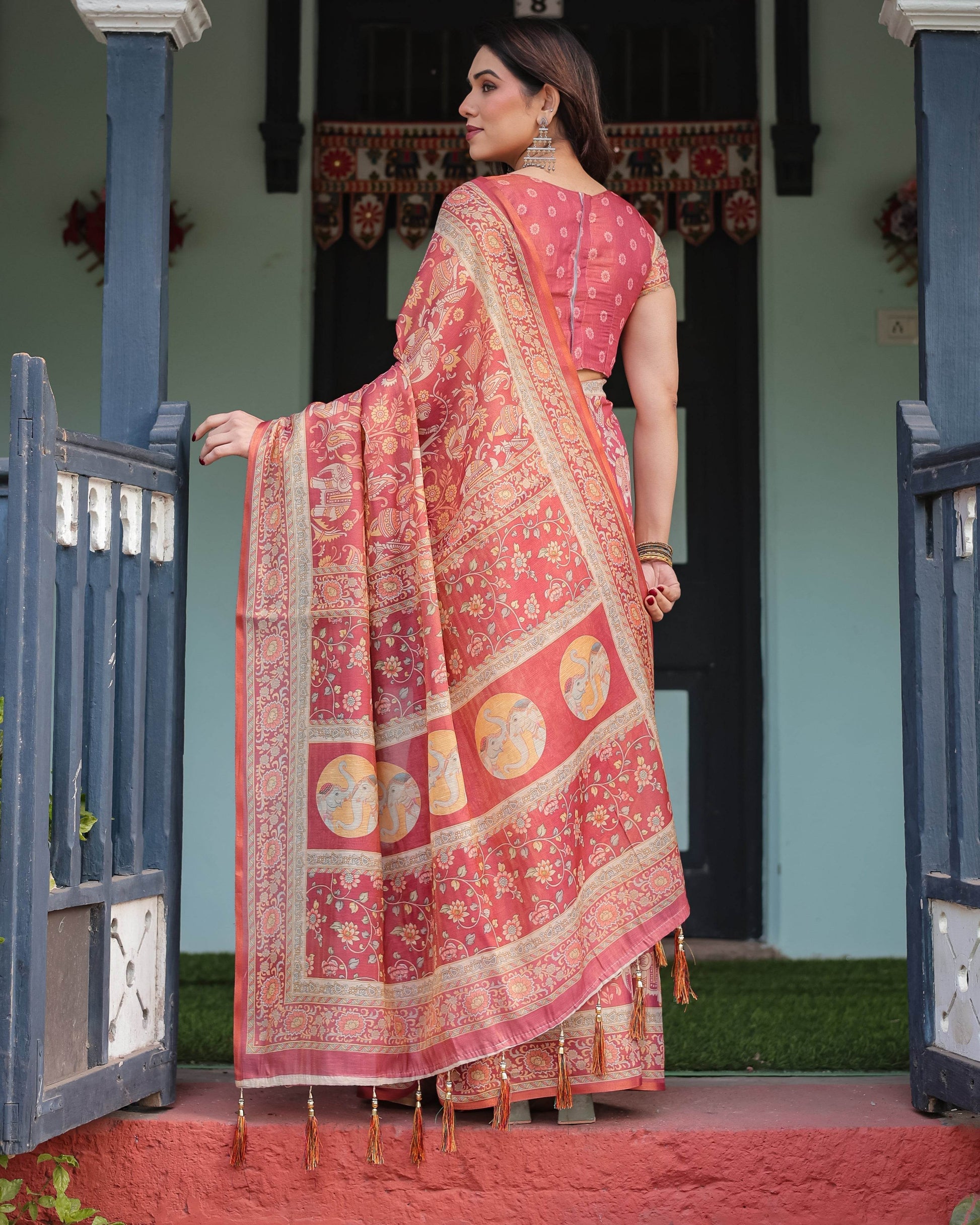 Crimson Red Handloom Cotton-Linen Saree with Mythological Motifs and Floral Border - SEEANS