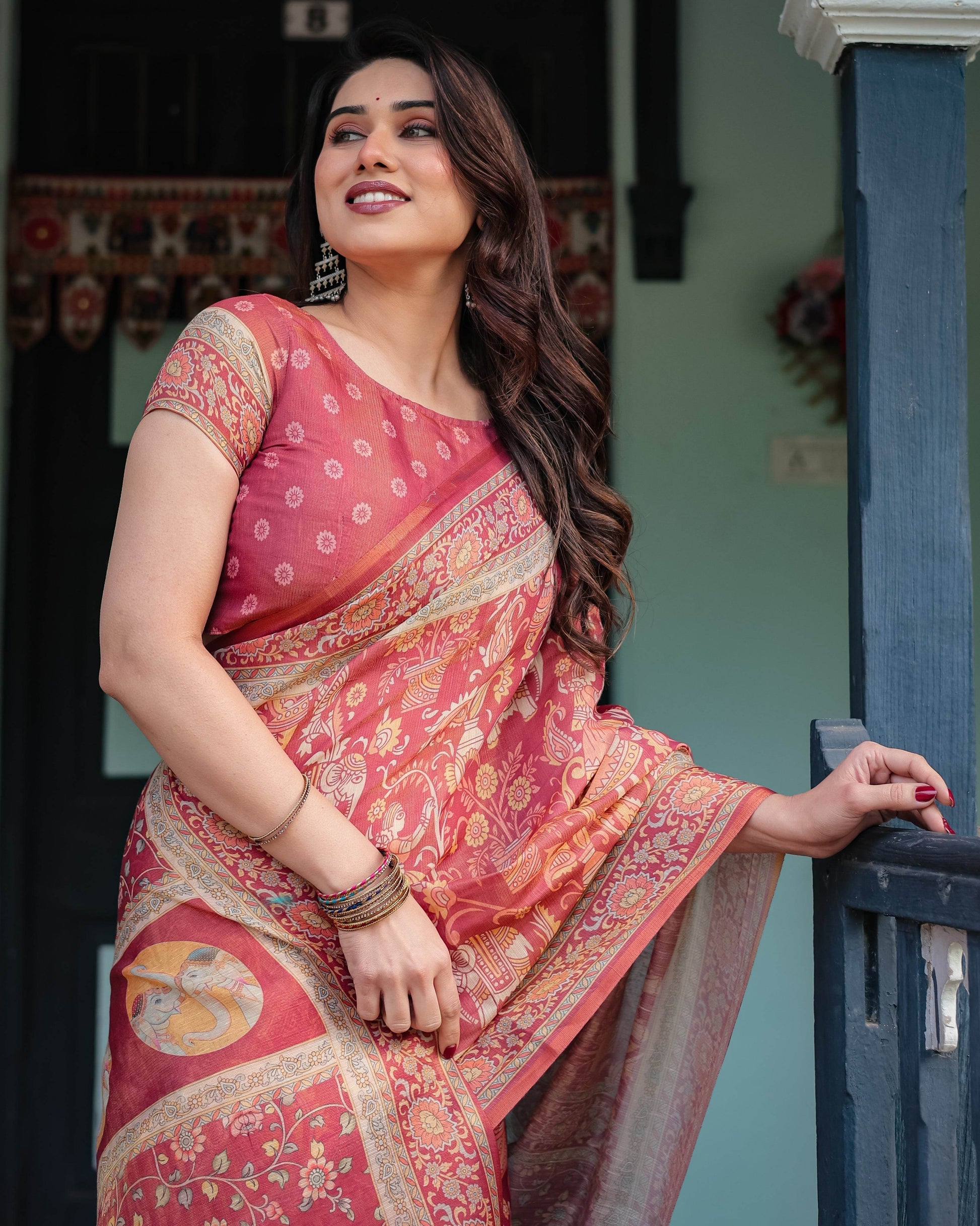 Crimson Red Handloom Cotton-Linen Saree with Mythological Motifs and Floral Border - SEEANS