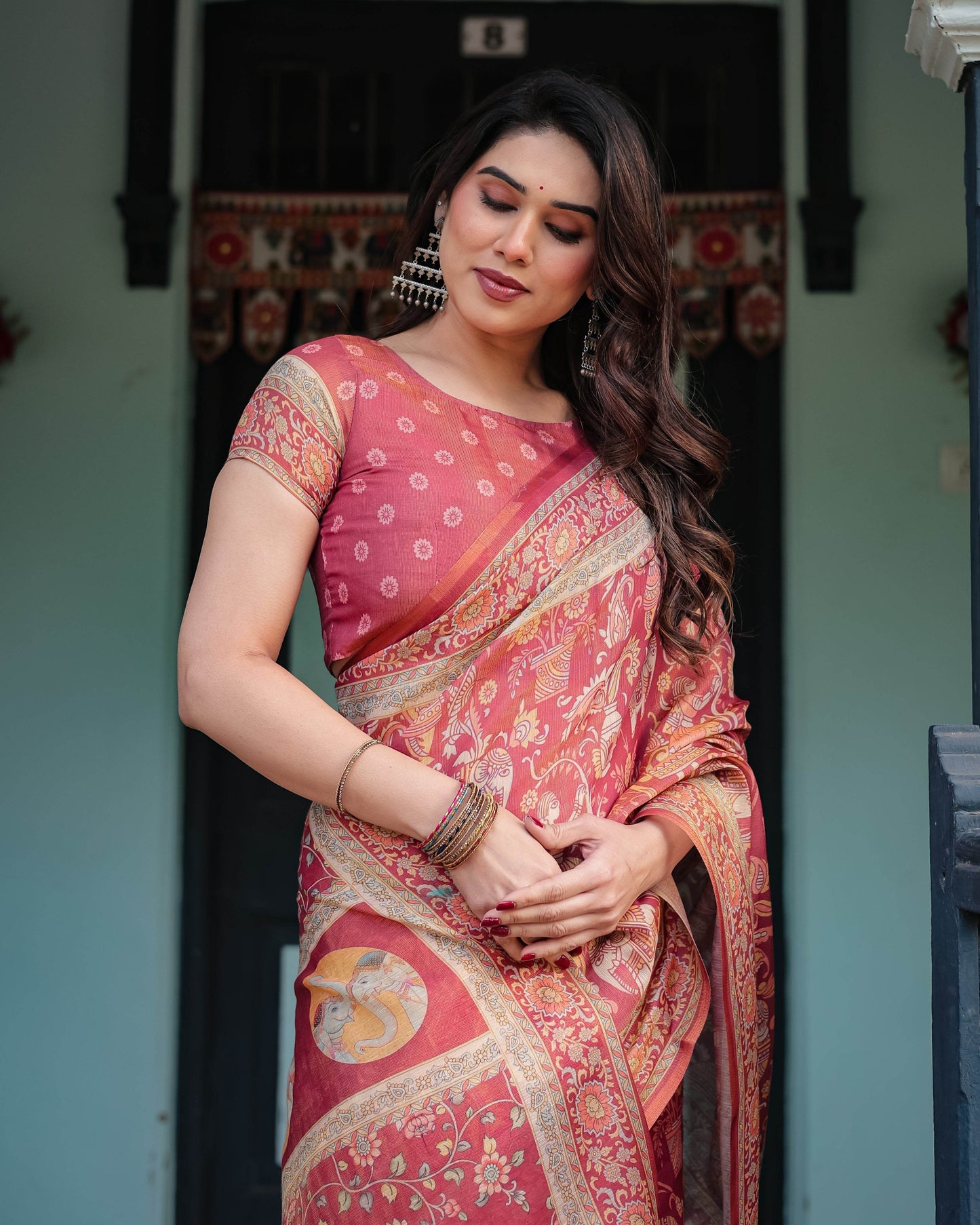 Crimson Red Handloom Cotton-Linen Saree with Mythological Motifs and Floral Border - SEEANS