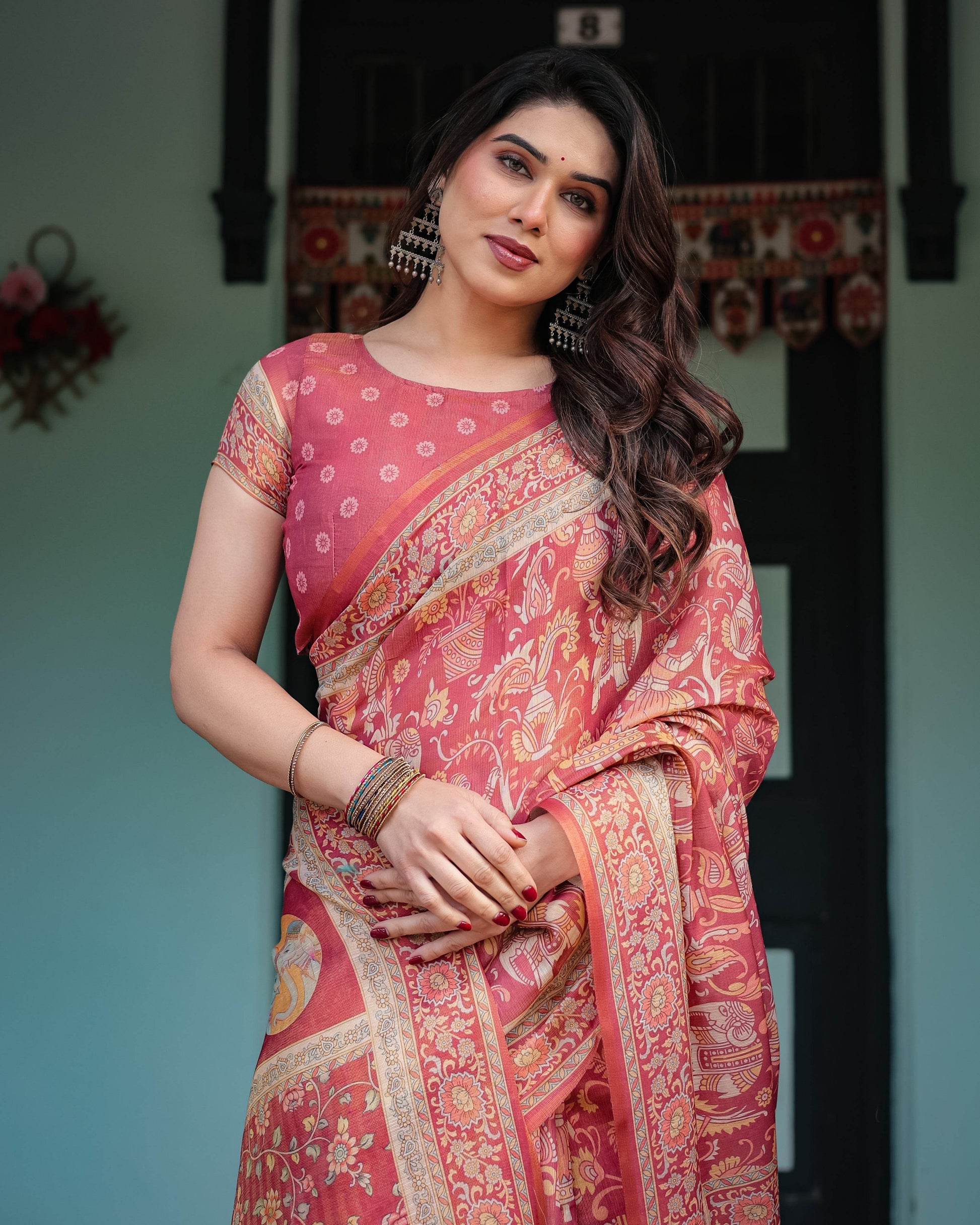 Crimson Red Handloom Cotton-Linen Saree with Mythological Motifs and Floral Border - SEEANS