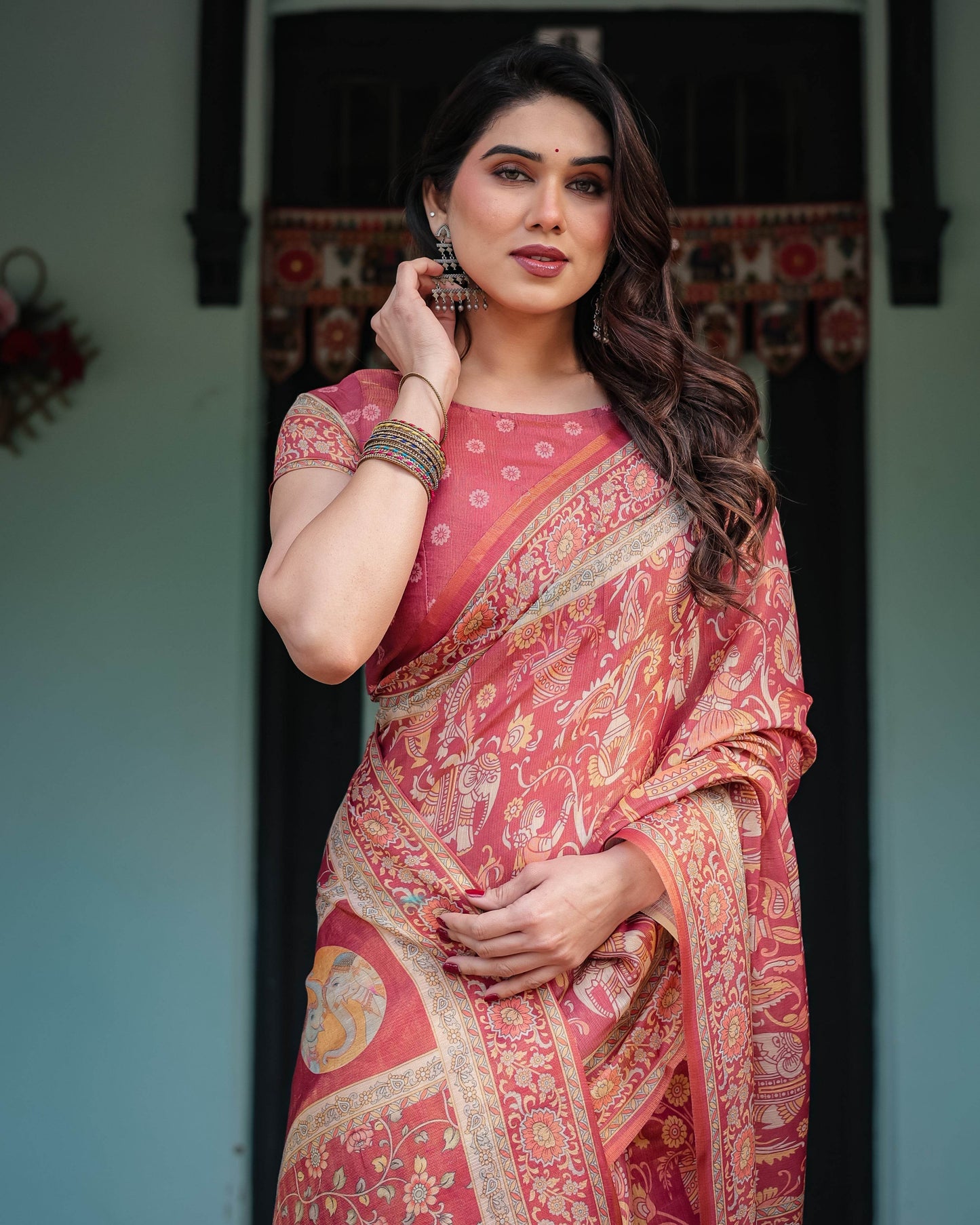 Crimson Red Handloom Cotton-Linen Saree with Mythological Motifs and Floral Border - SEEANS