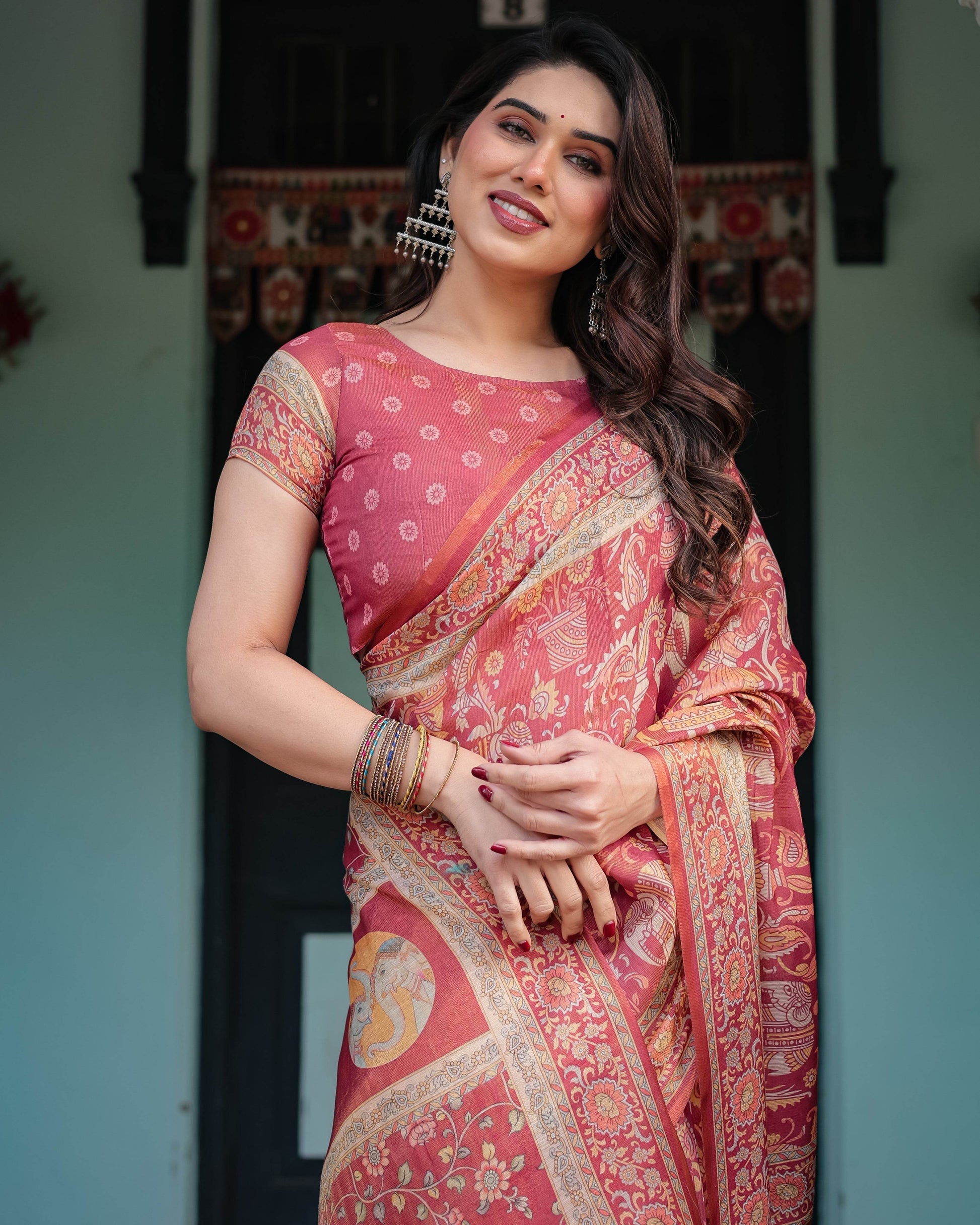 Crimson Red Handloom Cotton-Linen Saree with Mythological Motifs and Floral Border - SEEANS