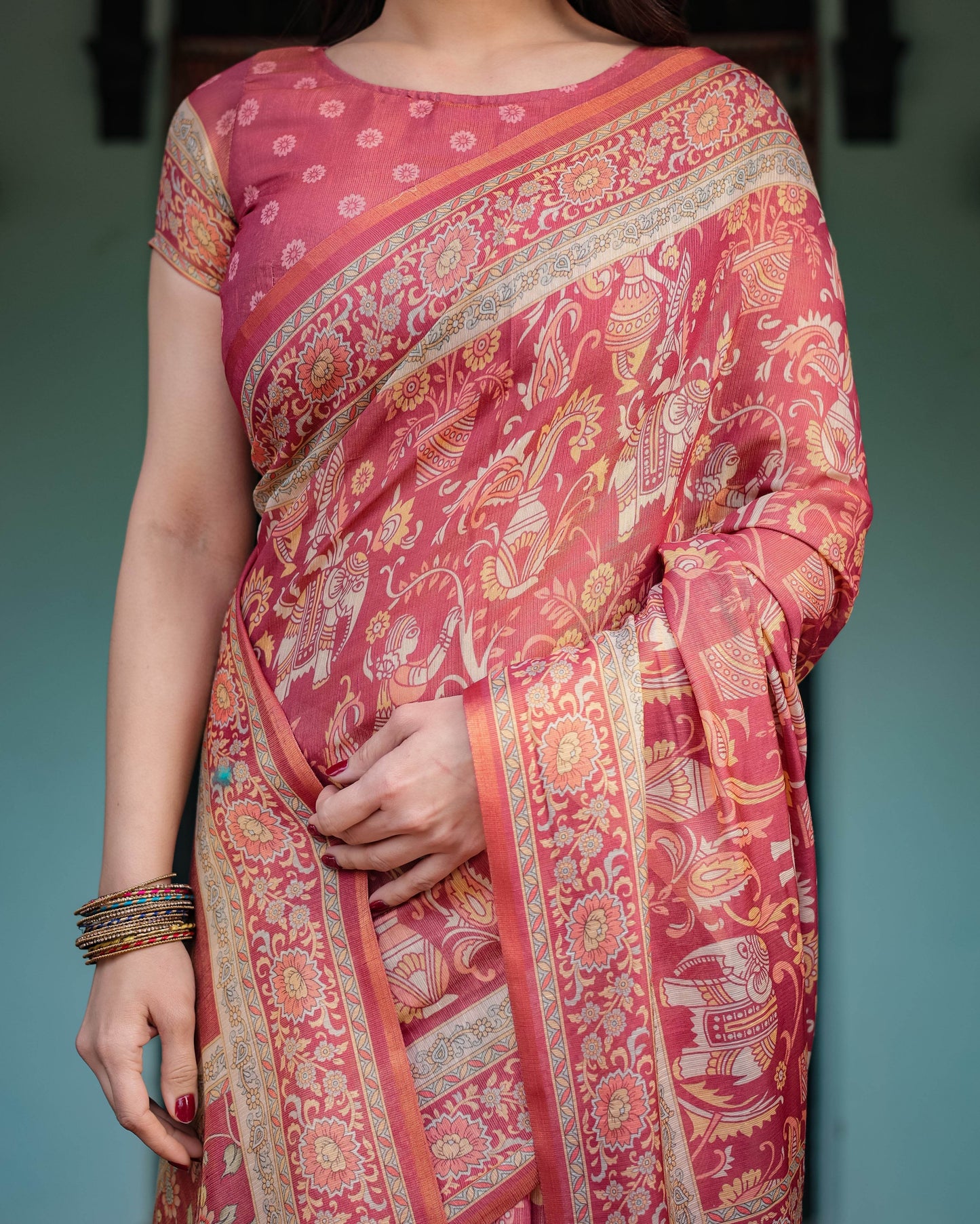 Crimson Red Handloom Cotton-Linen Saree with Mythological Motifs and Floral Border - SEEANS