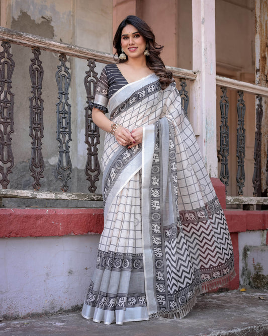 Multicolour Linen Saree with Traditional Patterns | Lightweight and Elegant - SEEANS