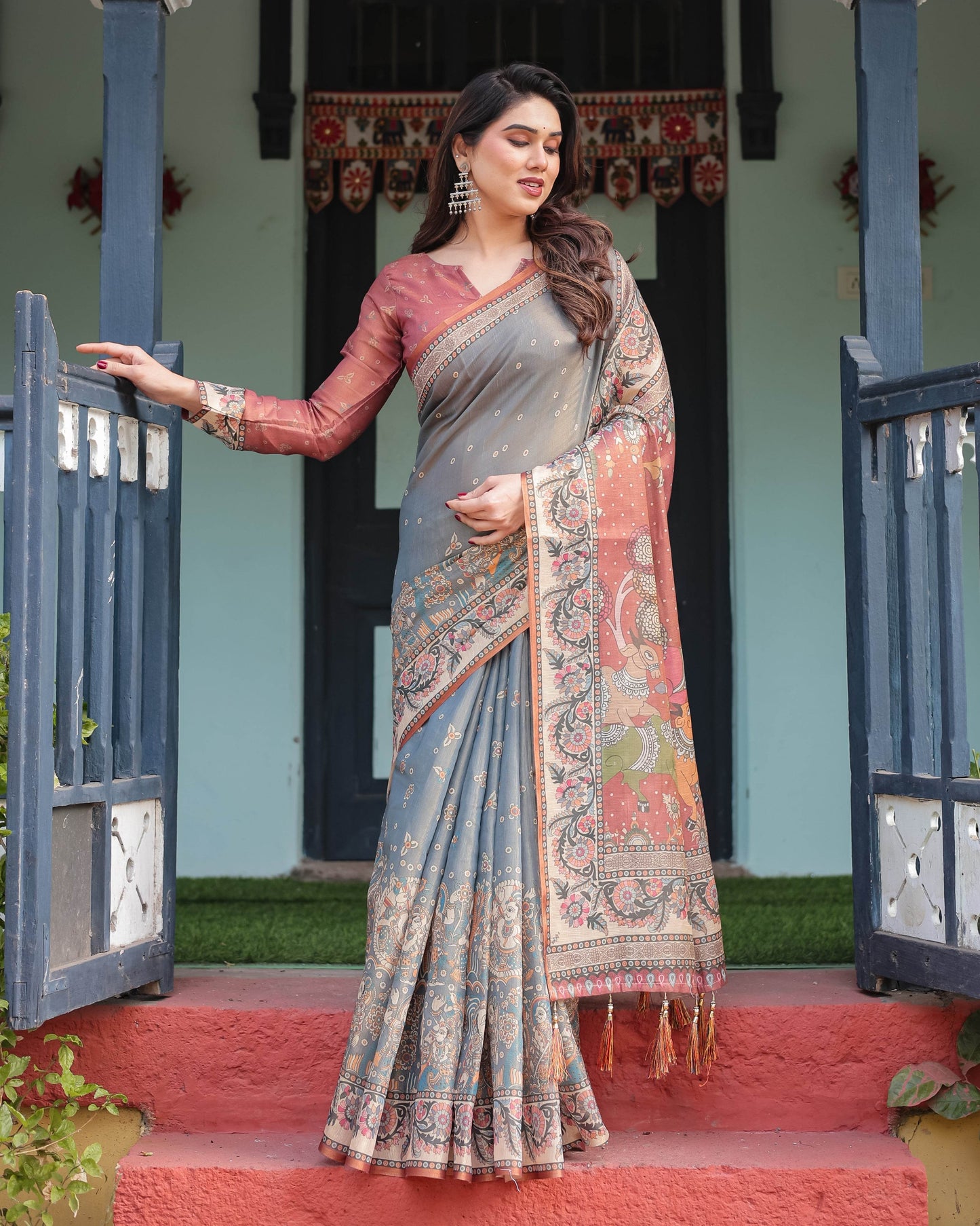 Slate Blue Handloom Cotton-Linen Saree with Vibrant Folk Motifs and Floral Pallu - SEEANS