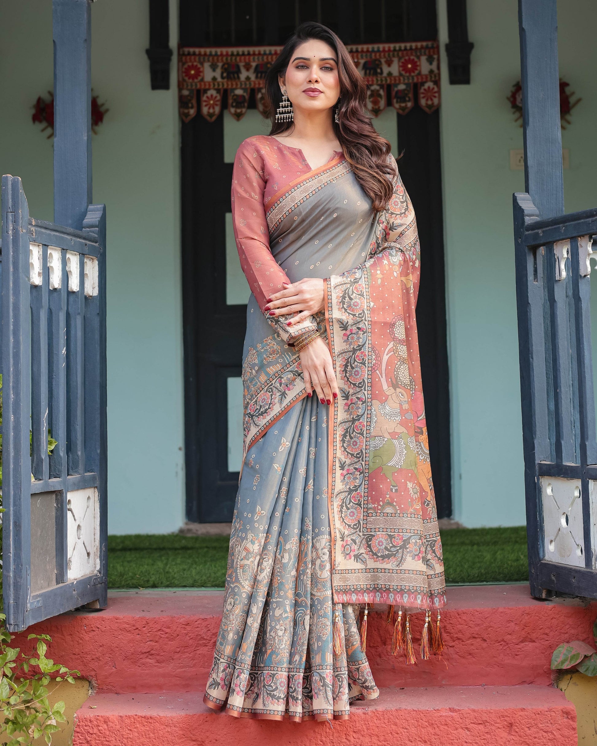 Slate Blue Handloom Cotton-Linen Saree with Vibrant Folk Motifs and Floral Pallu - SEEANS