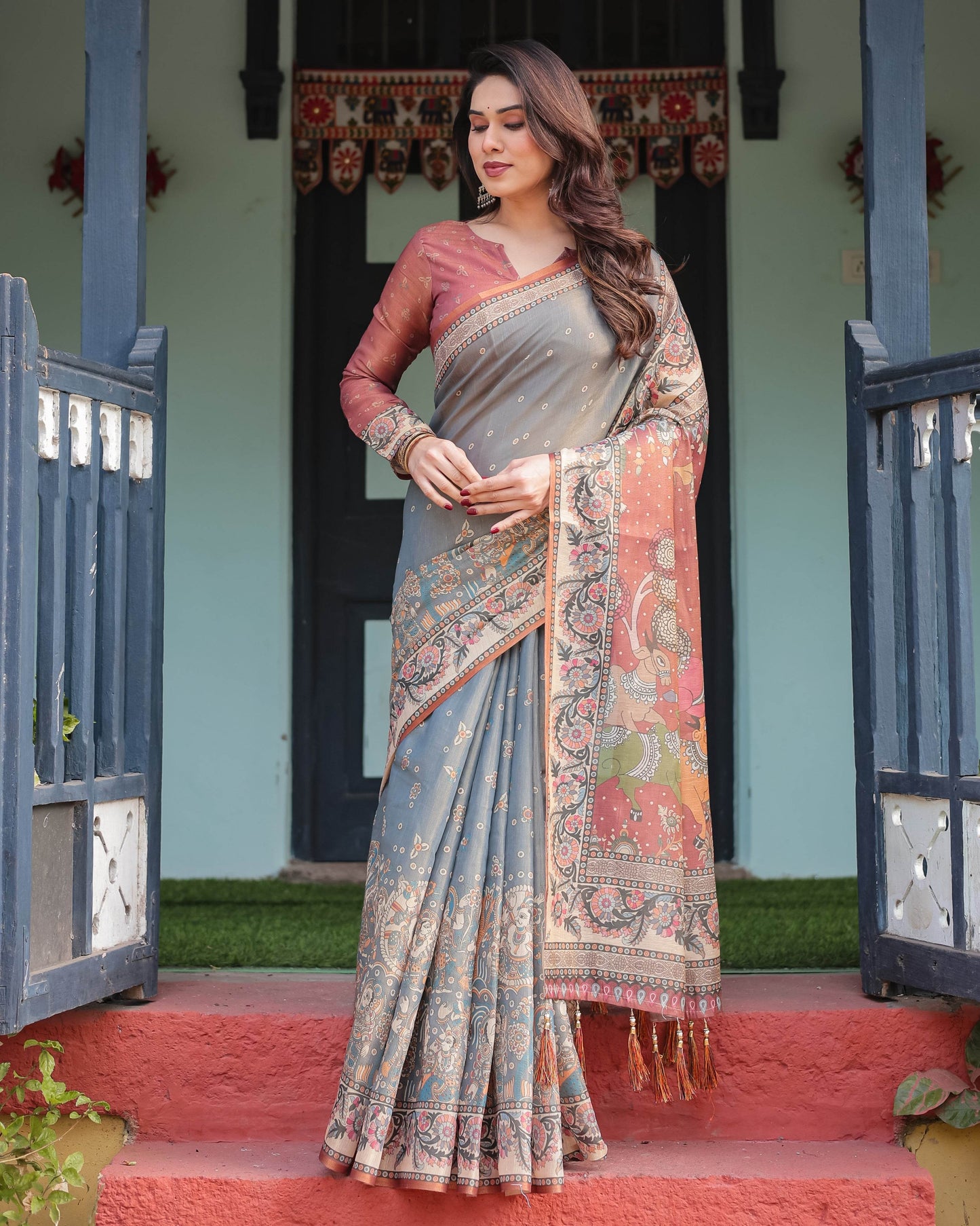 Slate Blue Handloom Cotton-Linen Saree with Vibrant Folk Motifs and Floral Pallu - SEEANS