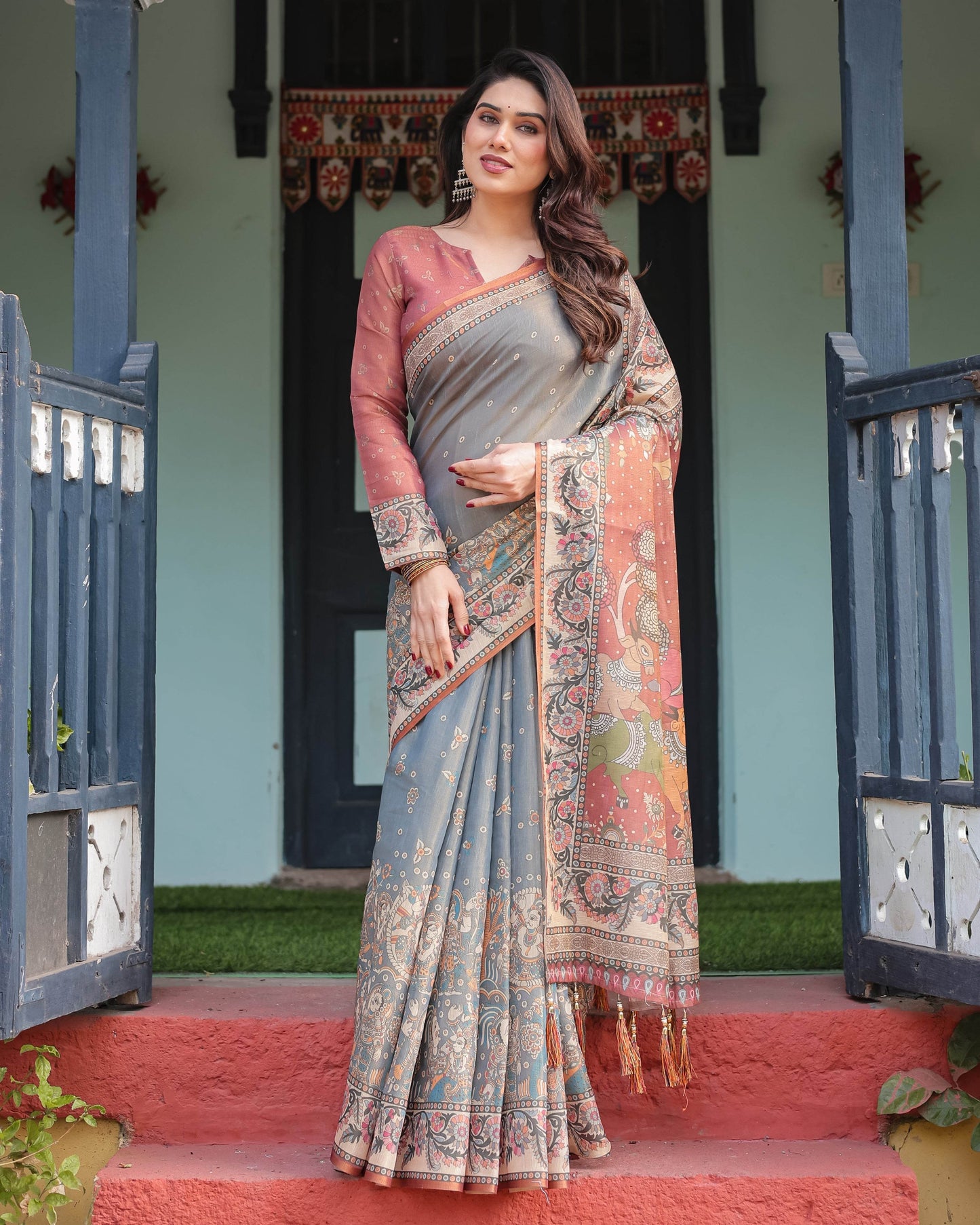 Slate Blue Handloom Cotton-Linen Saree with Vibrant Folk Motifs and Floral Pallu - SEEANS