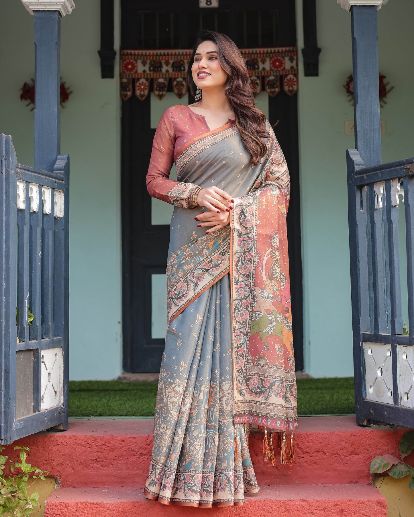 Slate Blue Handloom Cotton-Linen Saree with Vibrant Folk Motifs and Floral Pallu - SEEANS