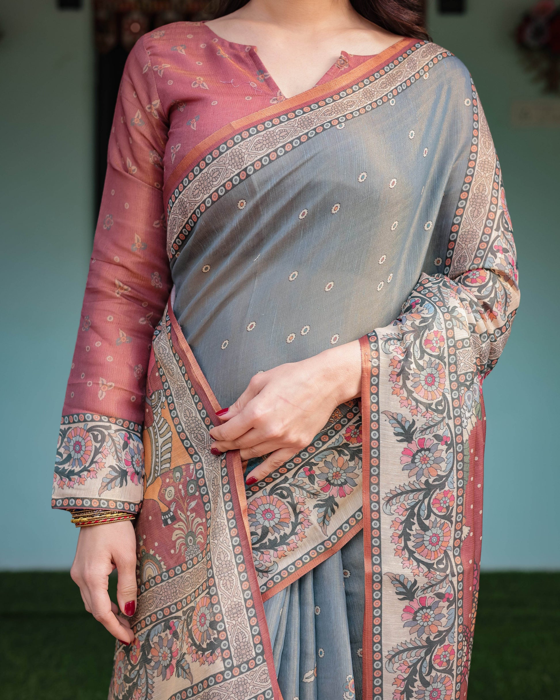 Slate Blue Handloom Cotton-Linen Saree with Vibrant Folk Motifs and Floral Pallu - SEEANS