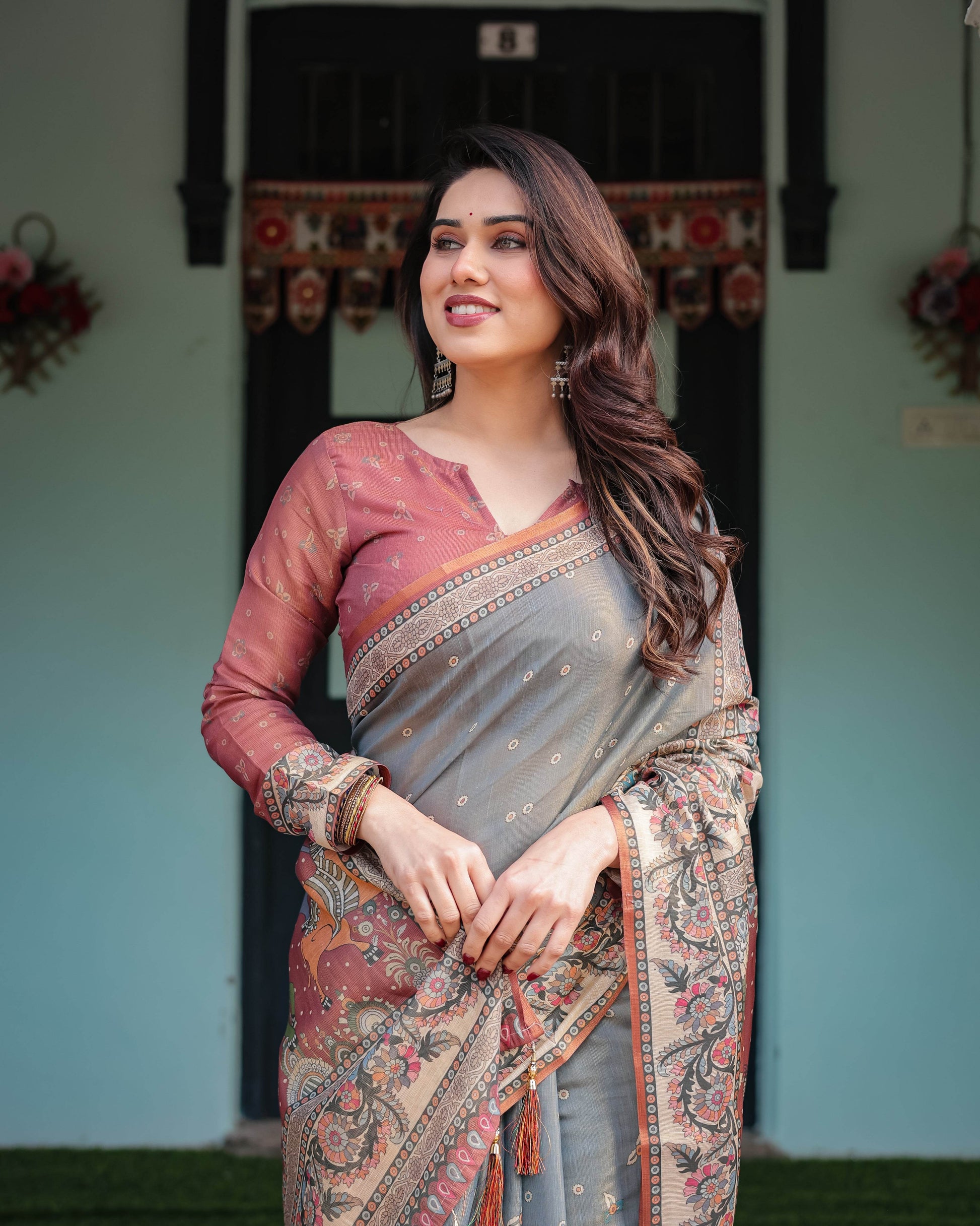 Slate Blue Handloom Cotton-Linen Saree with Vibrant Folk Motifs and Floral Pallu - SEEANS