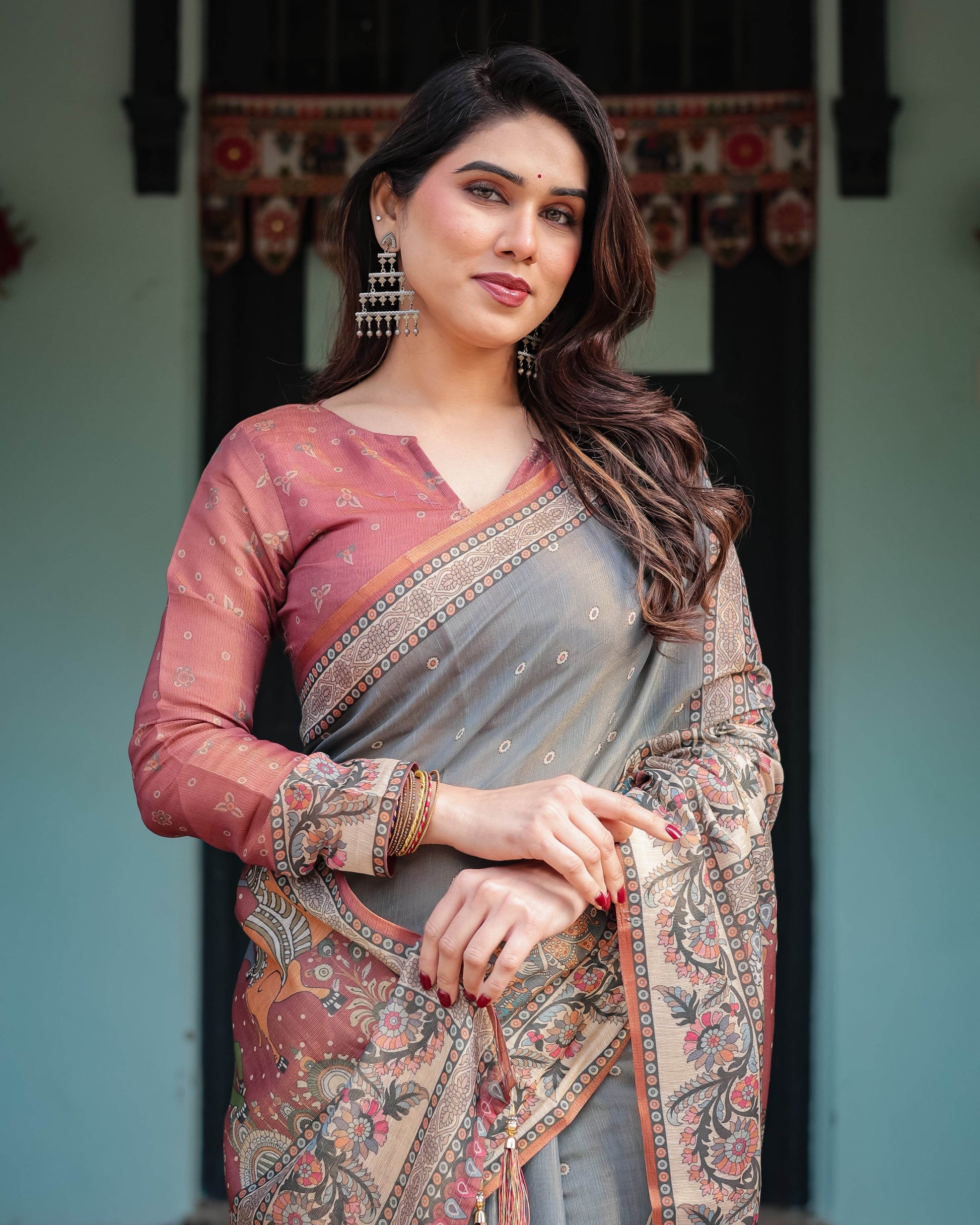 Slate Blue Handloom Cotton-Linen Saree with Vibrant Folk Motifs and Floral Pallu - SEEANS