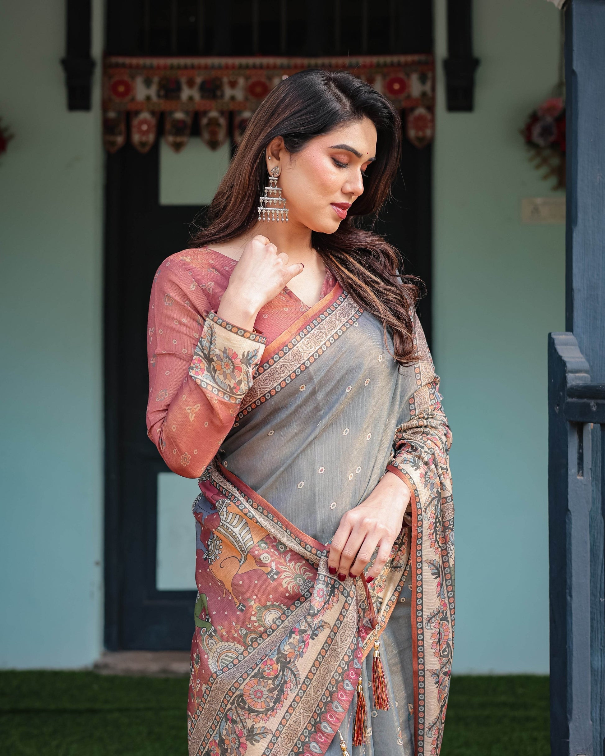 Slate Blue Handloom Cotton-Linen Saree with Vibrant Folk Motifs and Floral Pallu - SEEANS