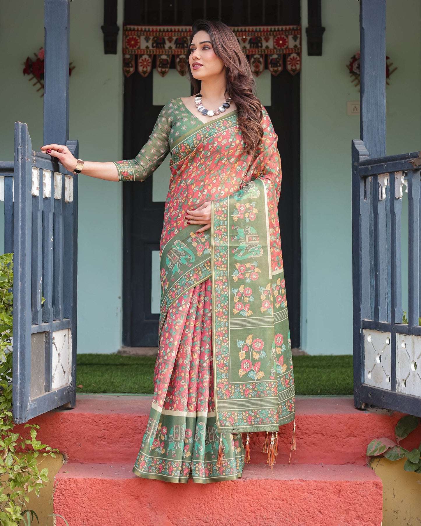 Green and Red Handloom Cotton-Linen Saree with Elephant Motifs and Floral Detailing - SEEANS