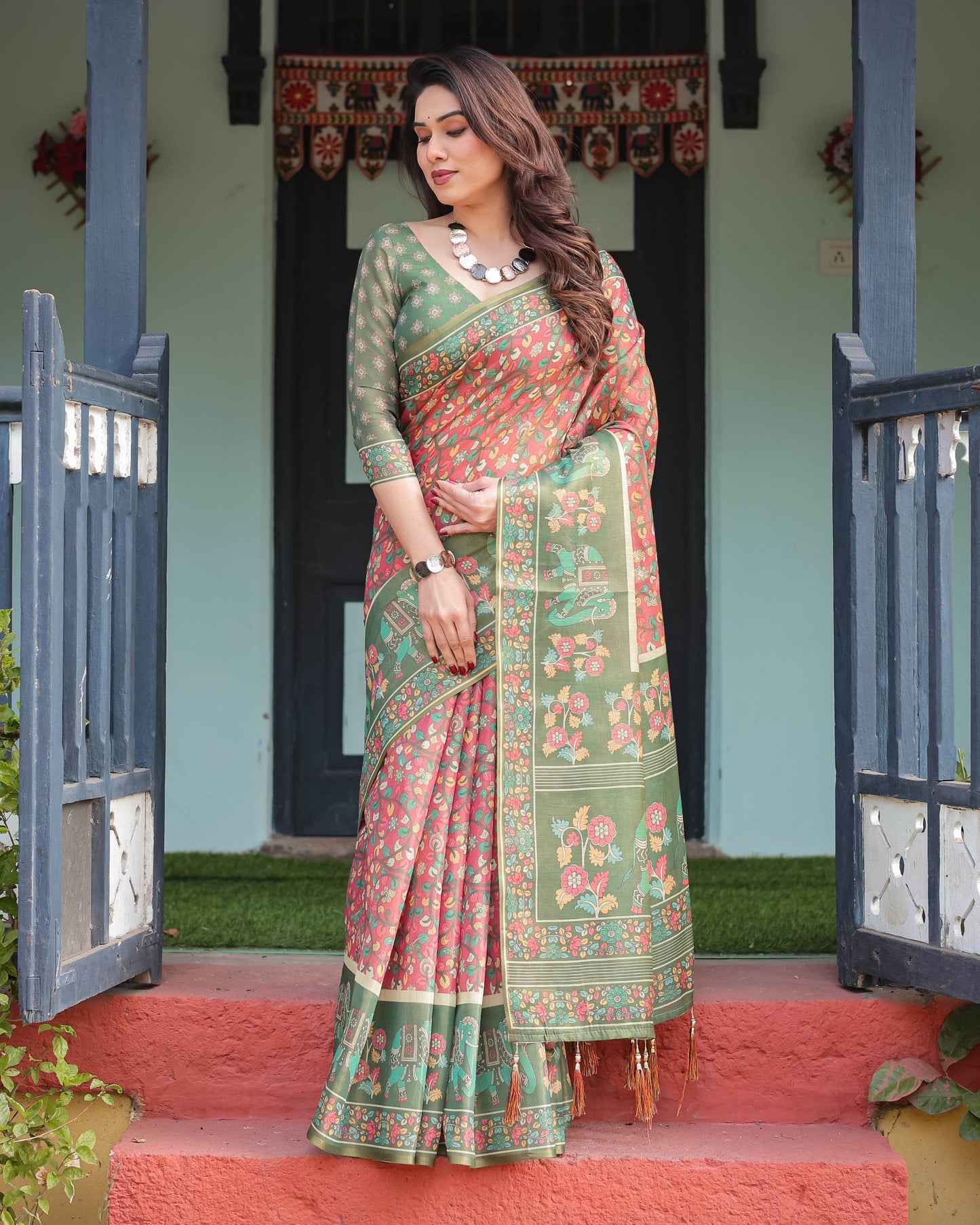 Green and Red Handloom Cotton-Linen Saree with Elephant Motifs and Floral Detailing - SEEANS