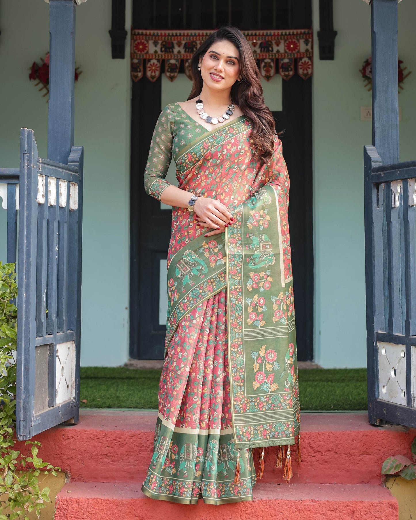 Green and Red Handloom Cotton-Linen Saree with Elephant Motifs and Floral Detailing - SEEANS