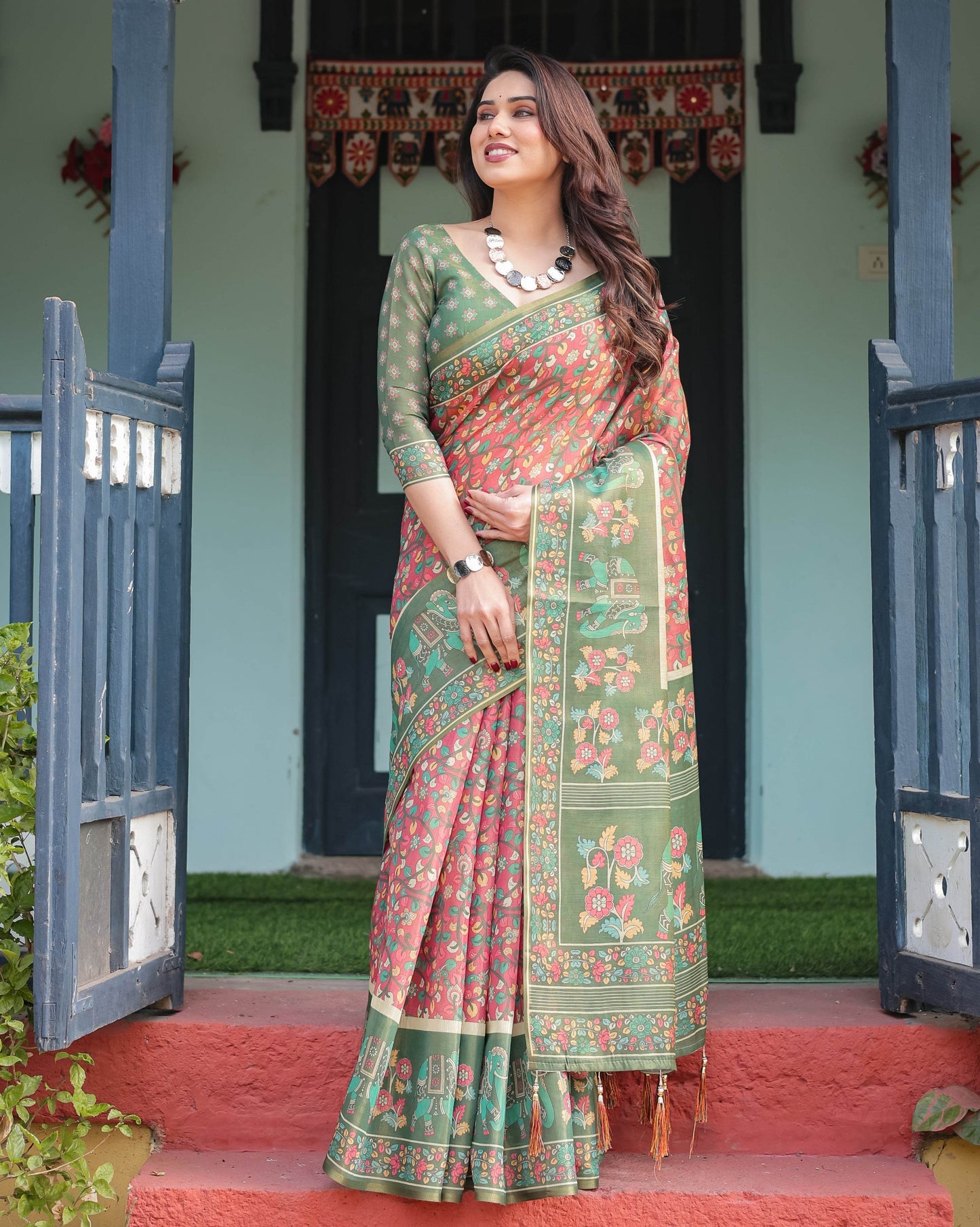 Green and Red Handloom Cotton-Linen Saree with Elephant Motifs and Floral Detailing - SEEANS