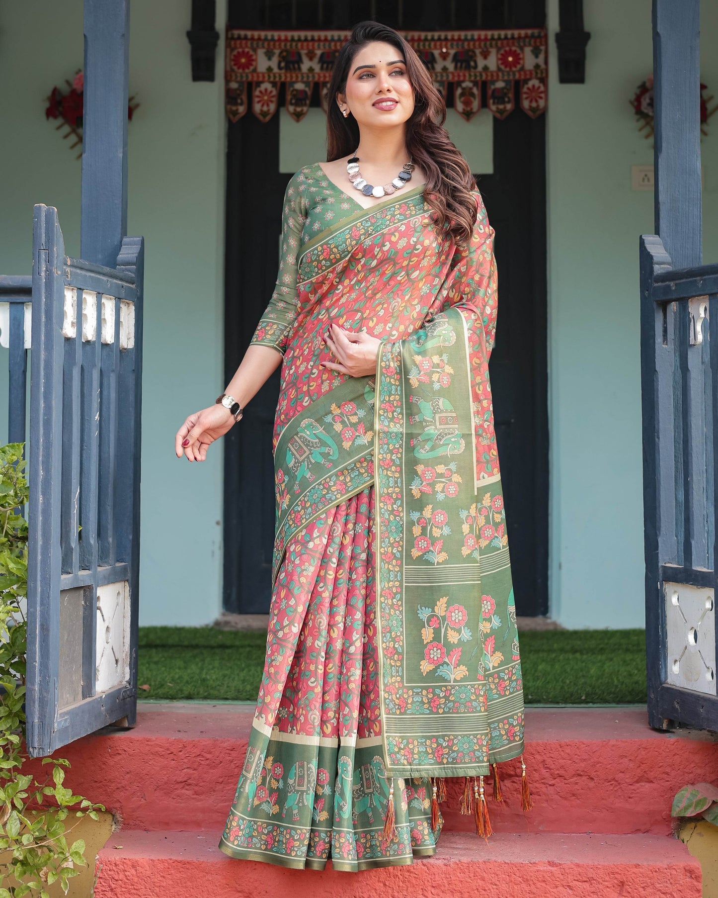 Green and Red Handloom Cotton-Linen Saree with Elephant Motifs and Floral Detailing - SEEANS