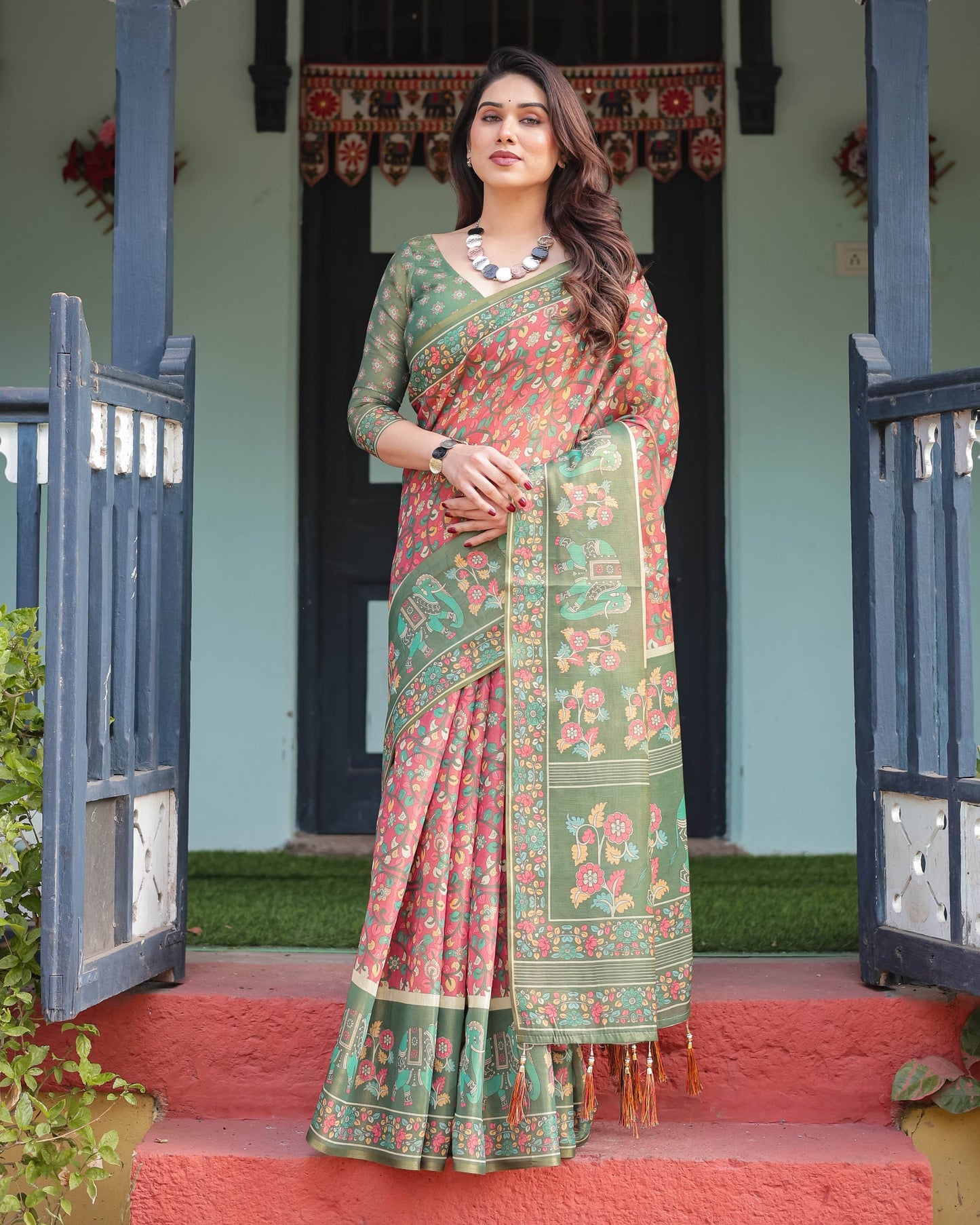 Green and Red Handloom Cotton-Linen Saree with Elephant Motifs and Floral Detailing - SEEANS