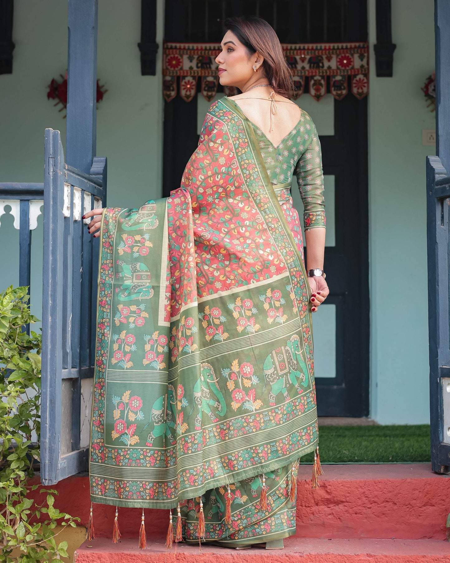 Green and Red Handloom Cotton-Linen Saree with Elephant Motifs and Floral Detailing - SEEANS