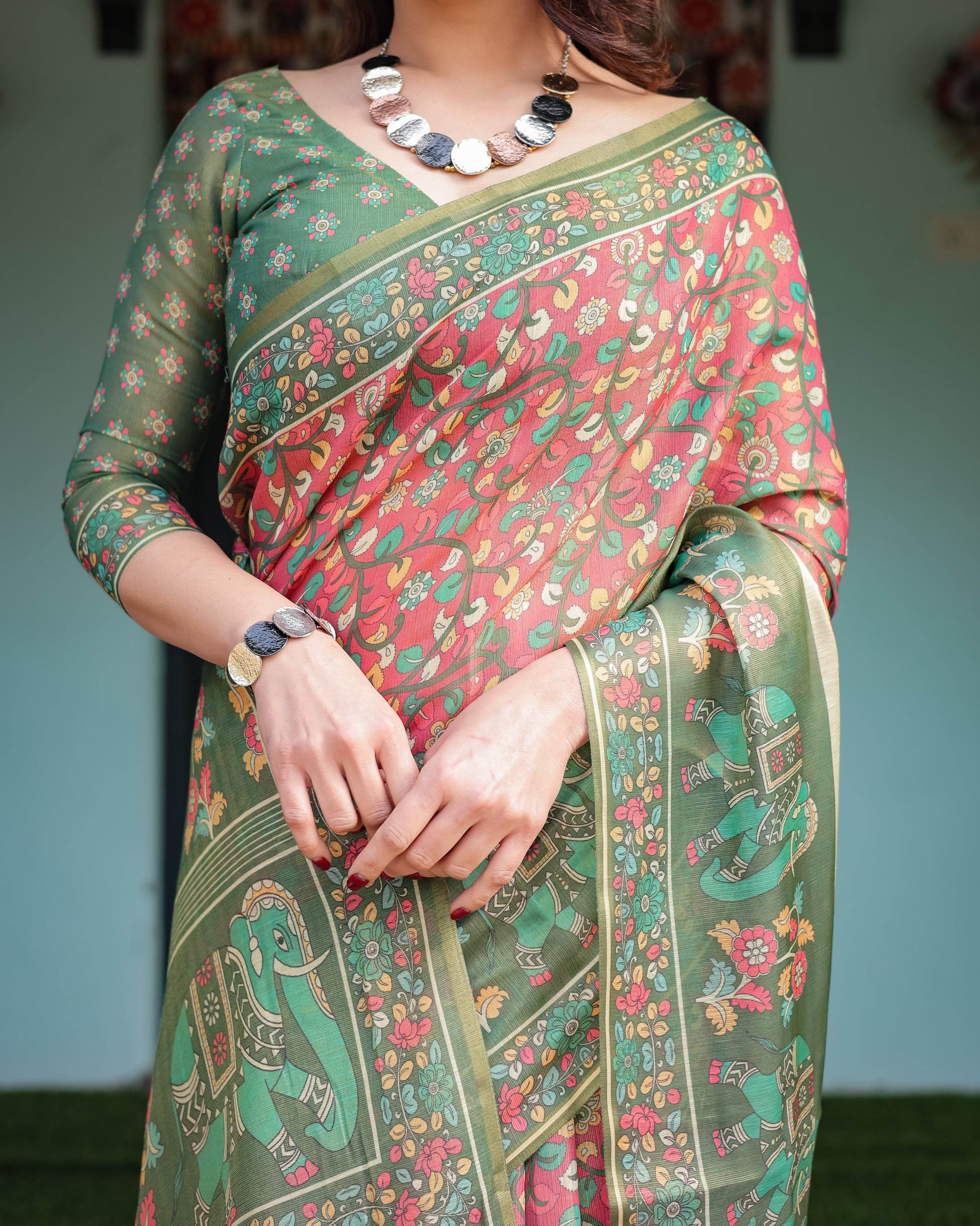 Green and Red Handloom Cotton-Linen Saree with Elephant Motifs and Floral Detailing - SEEANS