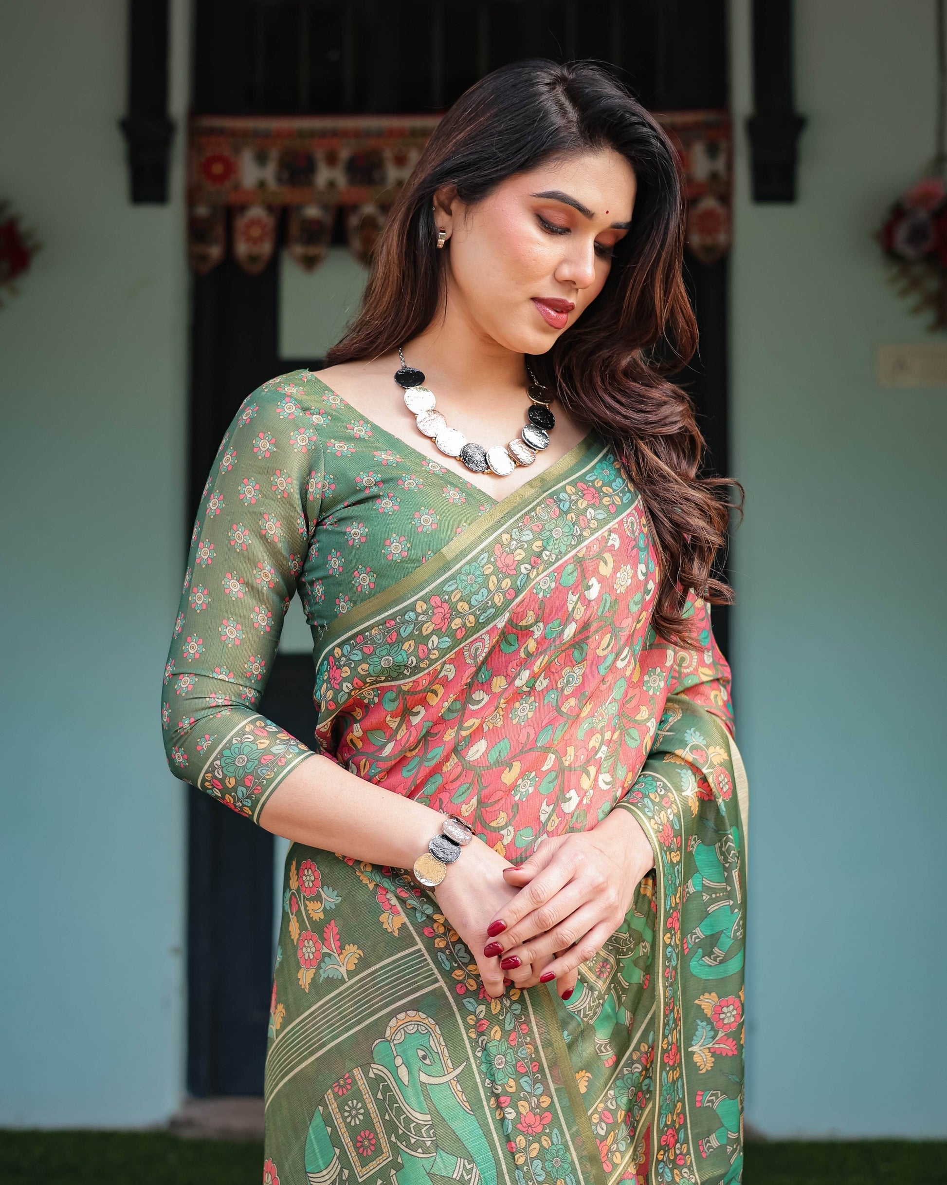 Green and Red Handloom Cotton-Linen Saree with Elephant Motifs and Floral Detailing - SEEANS