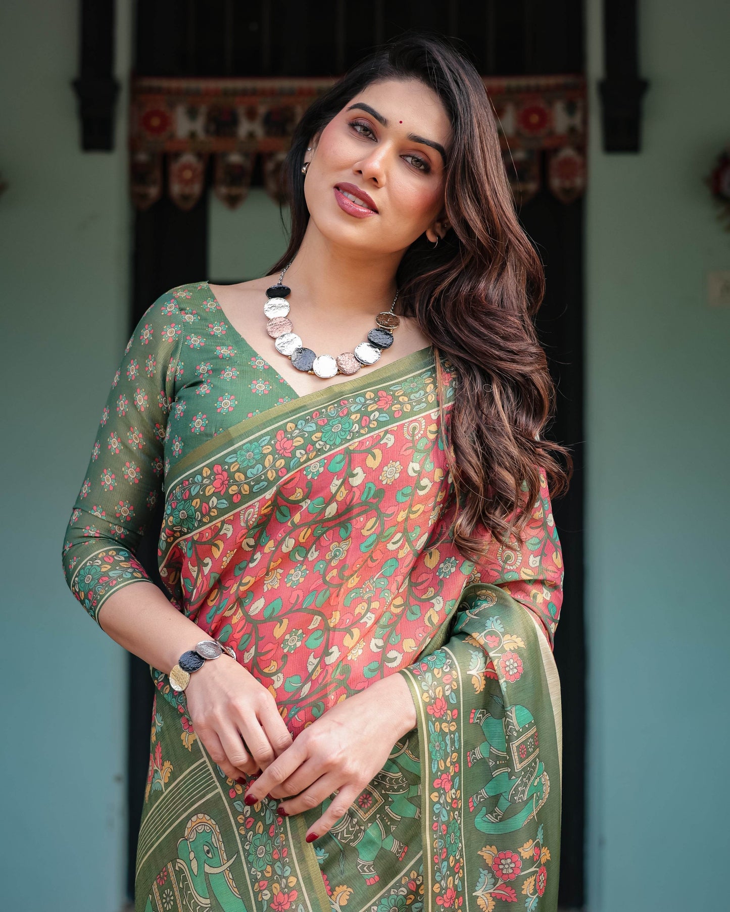 Green and Red Handloom Cotton-Linen Saree with Elephant Motifs and Floral Detailing - SEEANS