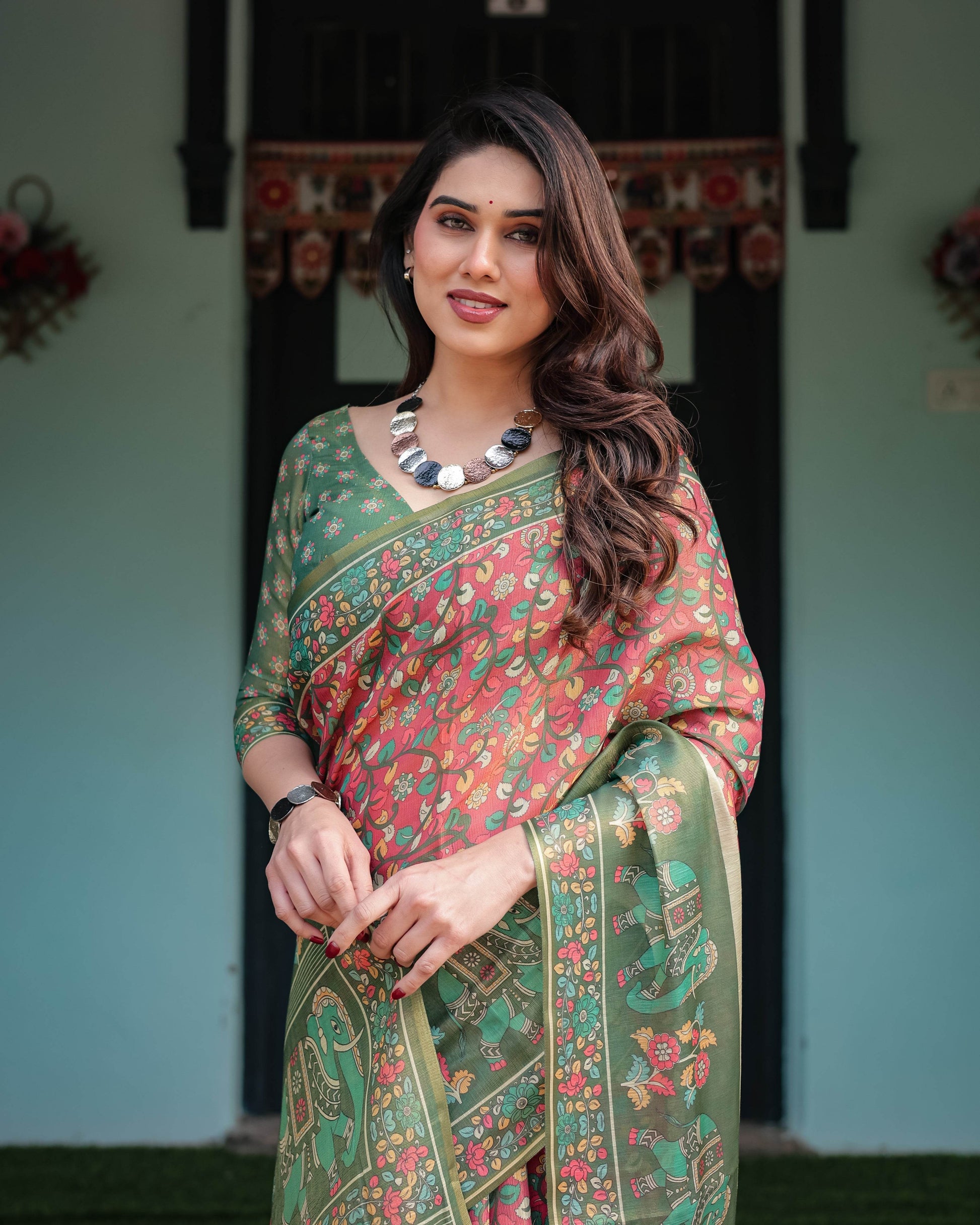 Green and Red Handloom Cotton-Linen Saree with Elephant Motifs and Floral Detailing - SEEANS