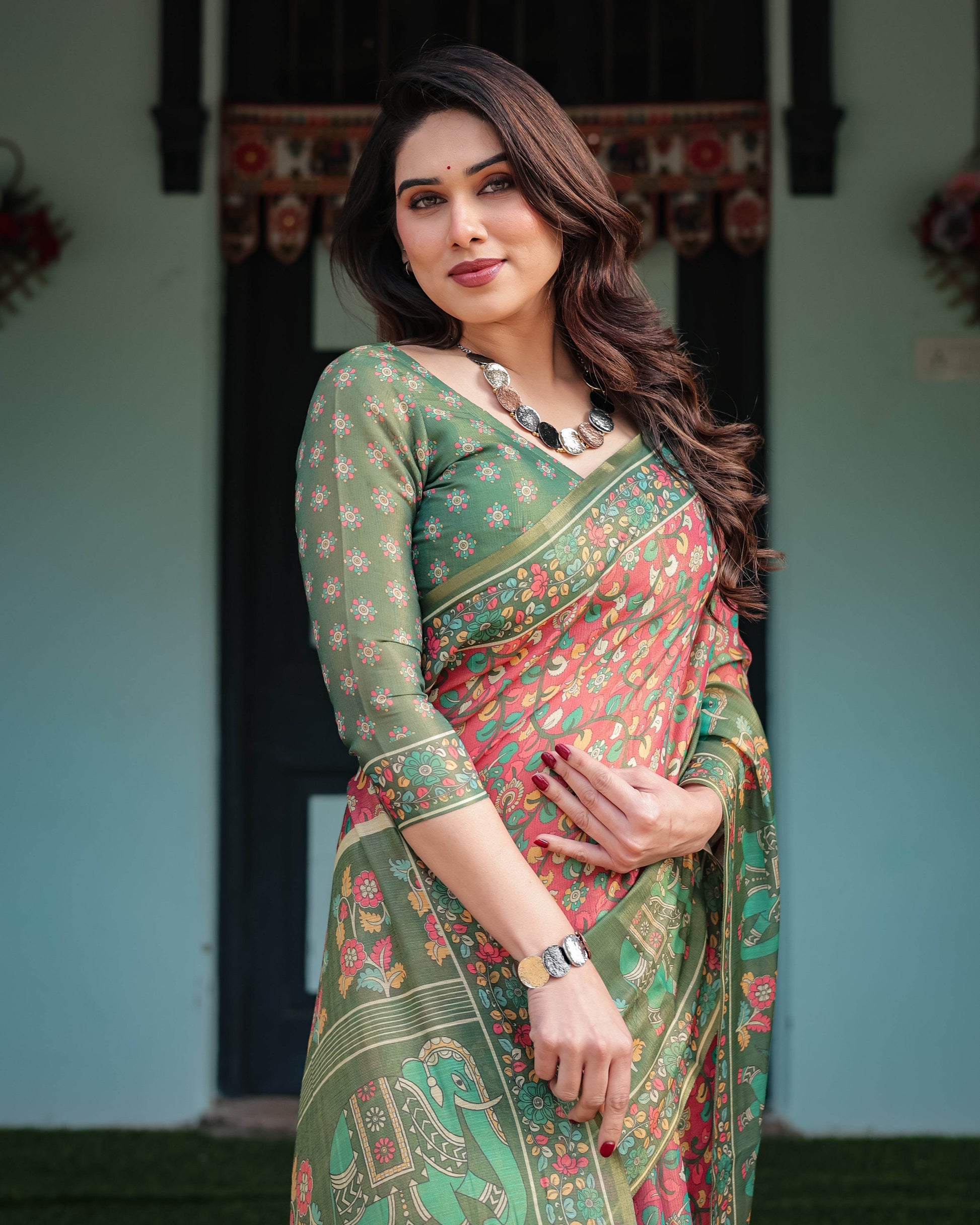 Green and Red Handloom Cotton-Linen Saree with Elephant Motifs and Floral Detailing - SEEANS