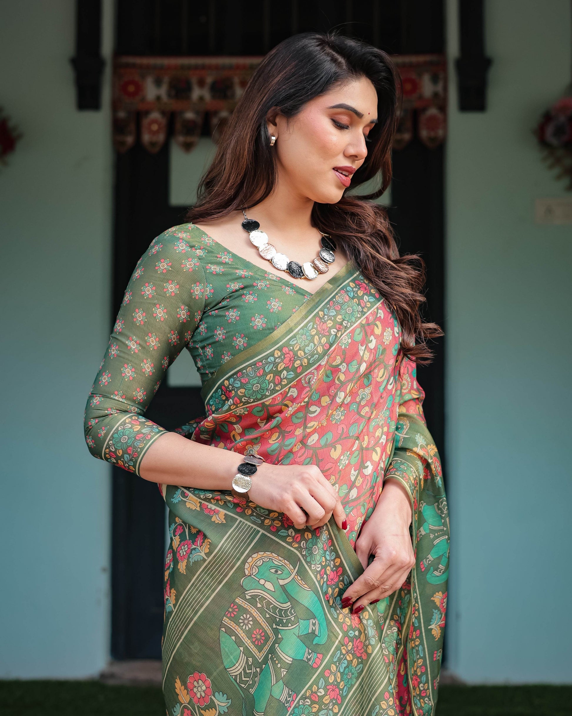 Green and Red Handloom Cotton-Linen Saree with Elephant Motifs and Floral Detailing - SEEANS