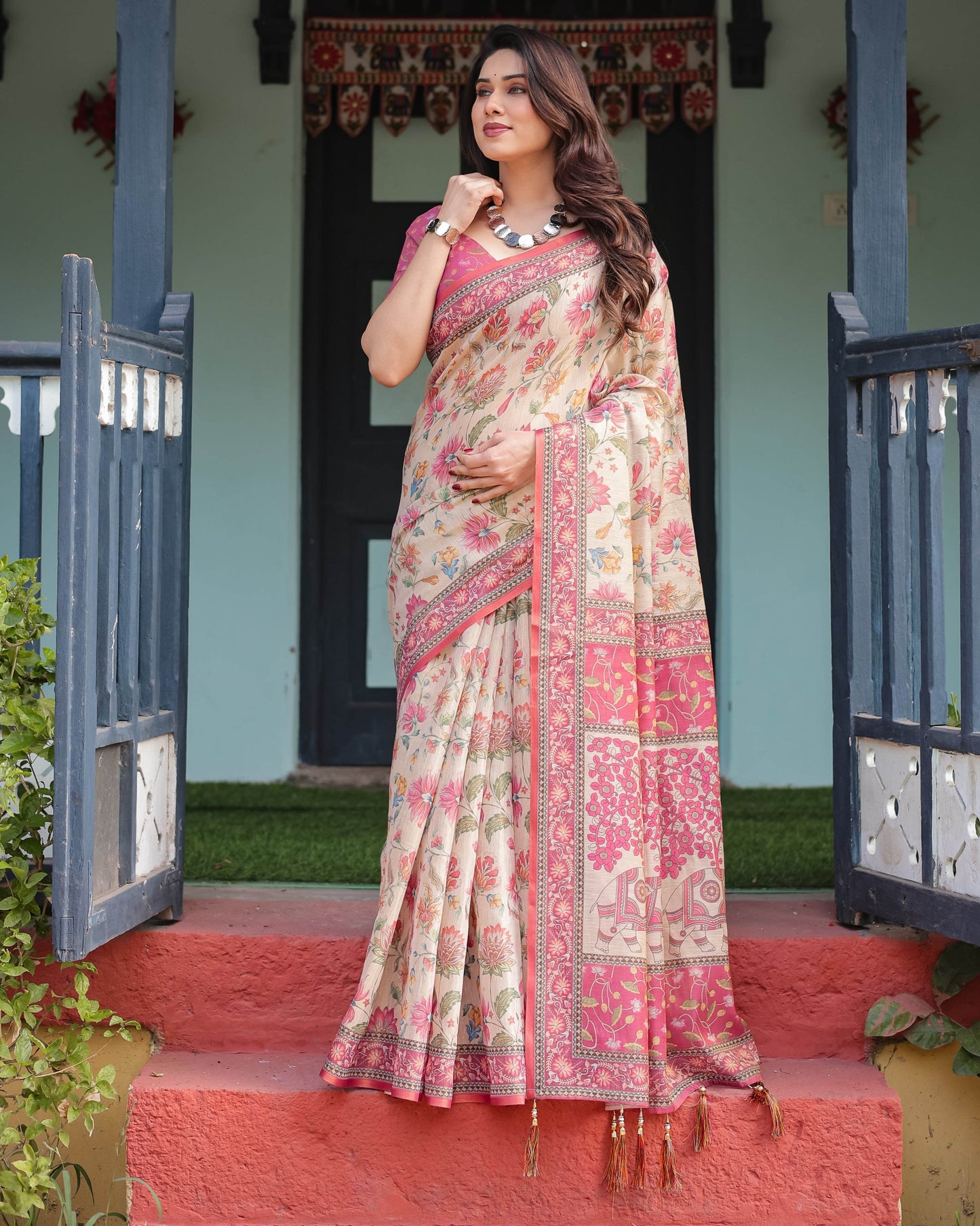 Cream and Pink Handloom Cotton-Linen Saree with Vibrant Floral and Elephant Motifs - SEEANS