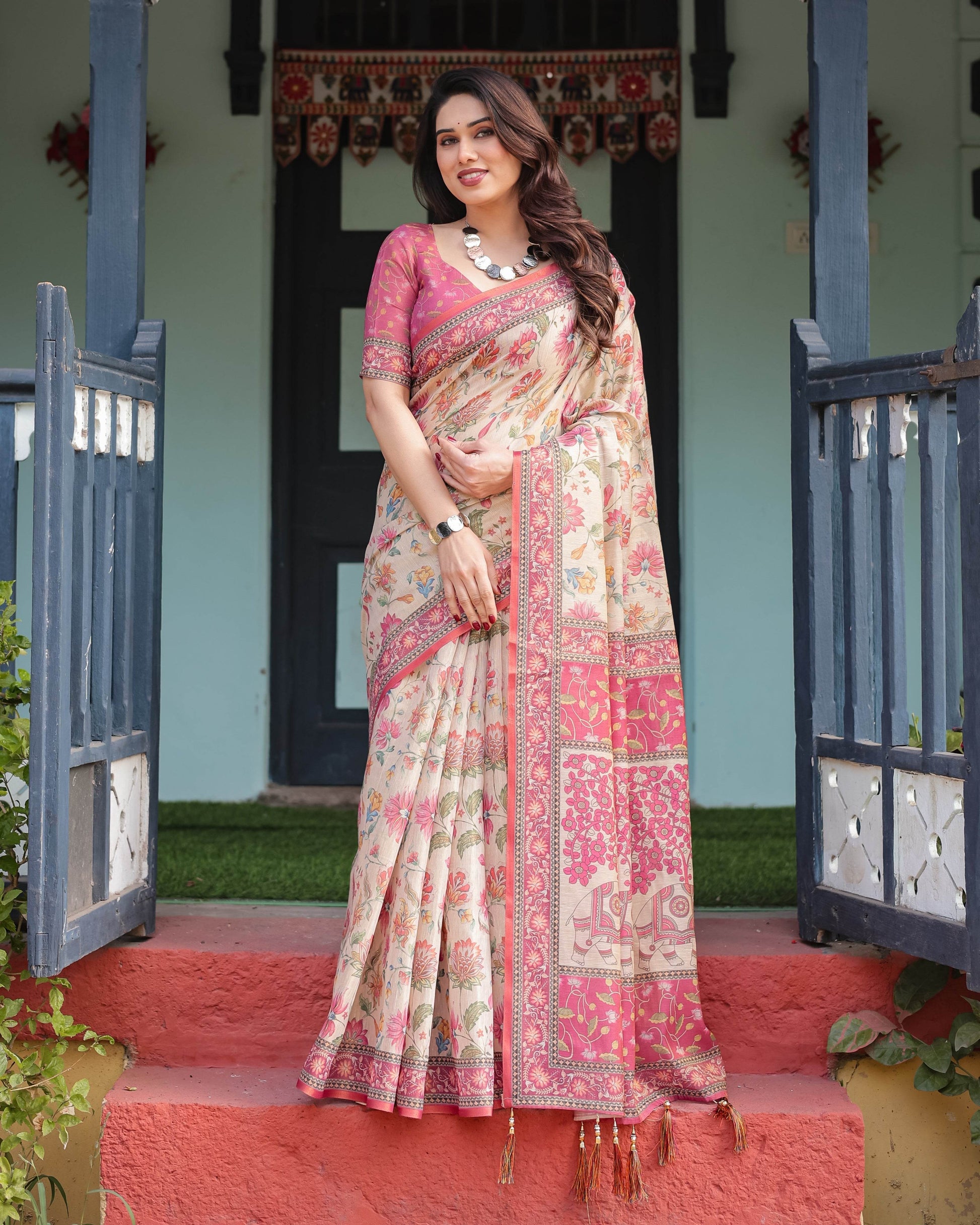 Cream and Pink Handloom Cotton-Linen Saree with Vibrant Floral and Elephant Motifs - SEEANS