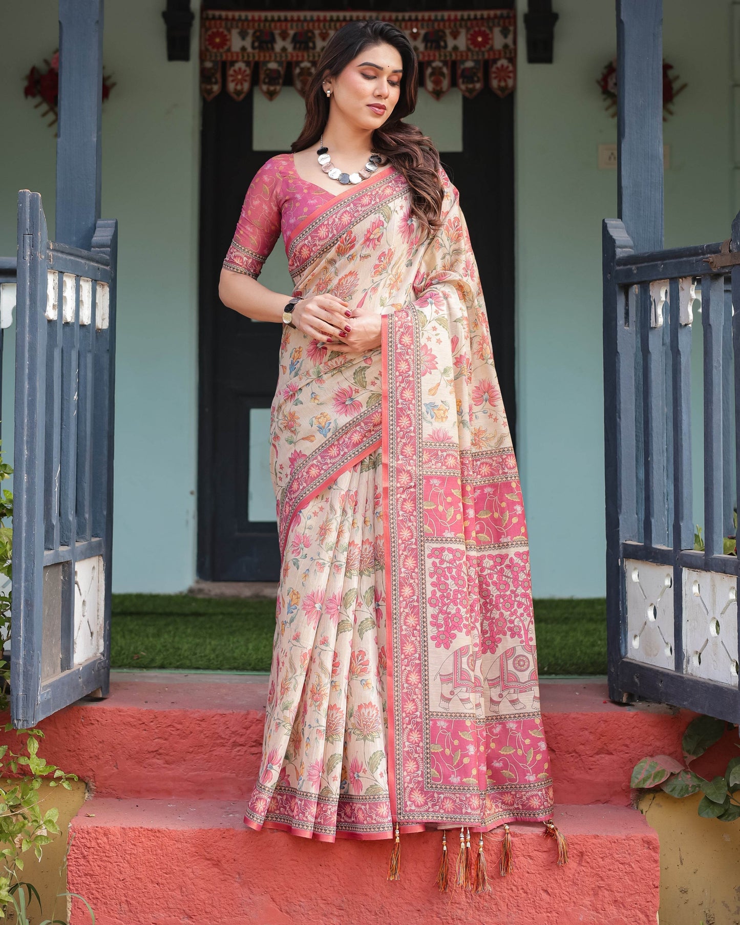 Cream and Pink Handloom Cotton-Linen Saree with Vibrant Floral and Elephant Motifs - SEEANS