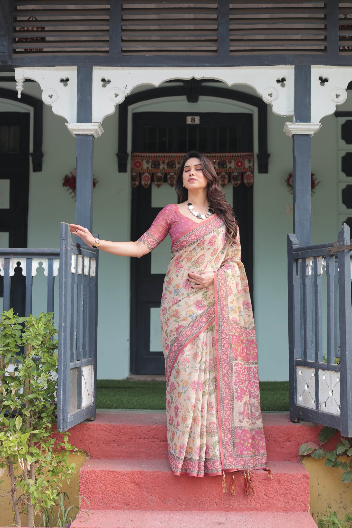 Cream and Pink Handloom Cotton-Linen Saree with Vibrant Floral and Elephant Motifs - SEEANS