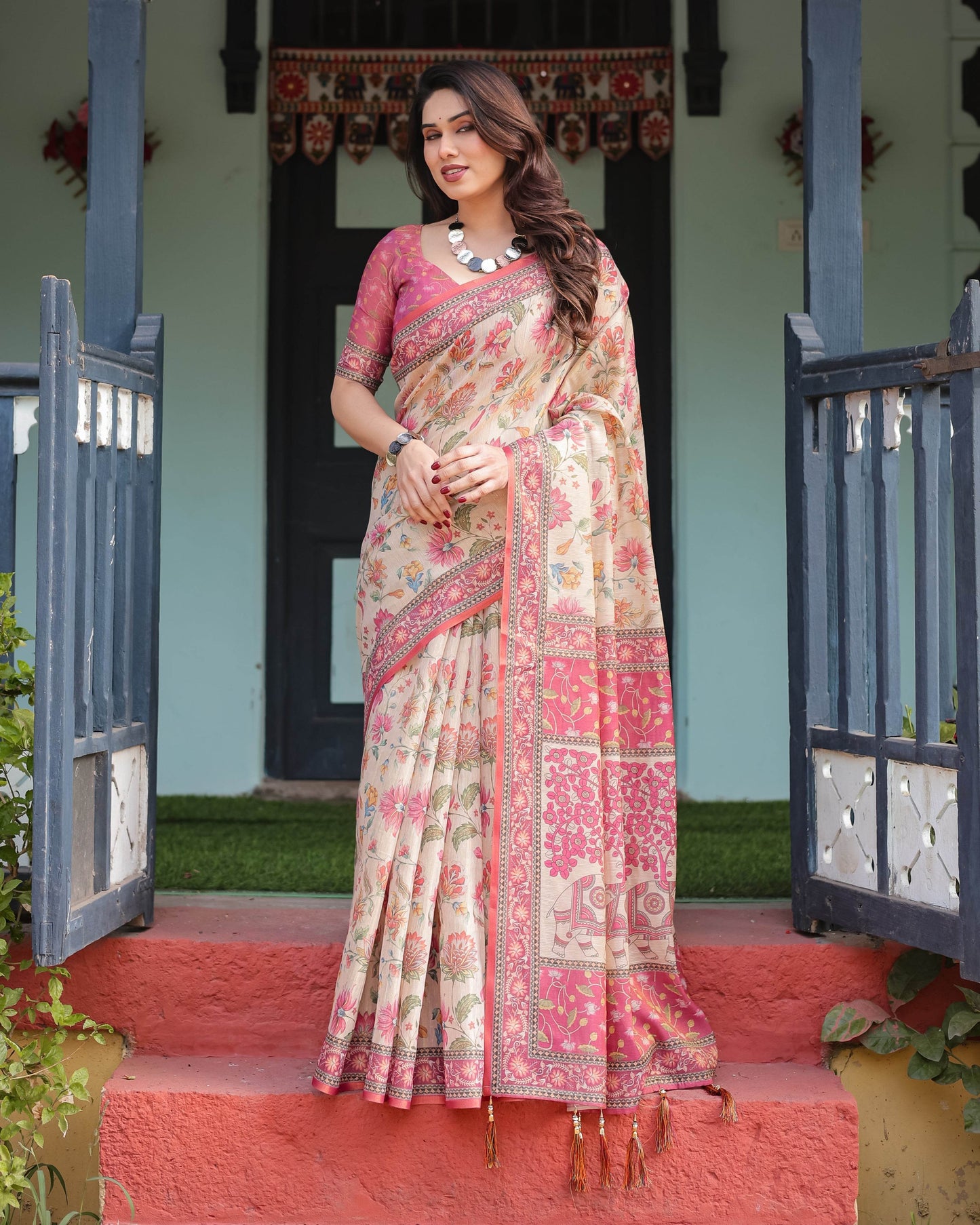 Cream and Pink Handloom Cotton-Linen Saree with Vibrant Floral and Elephant Motifs - SEEANS