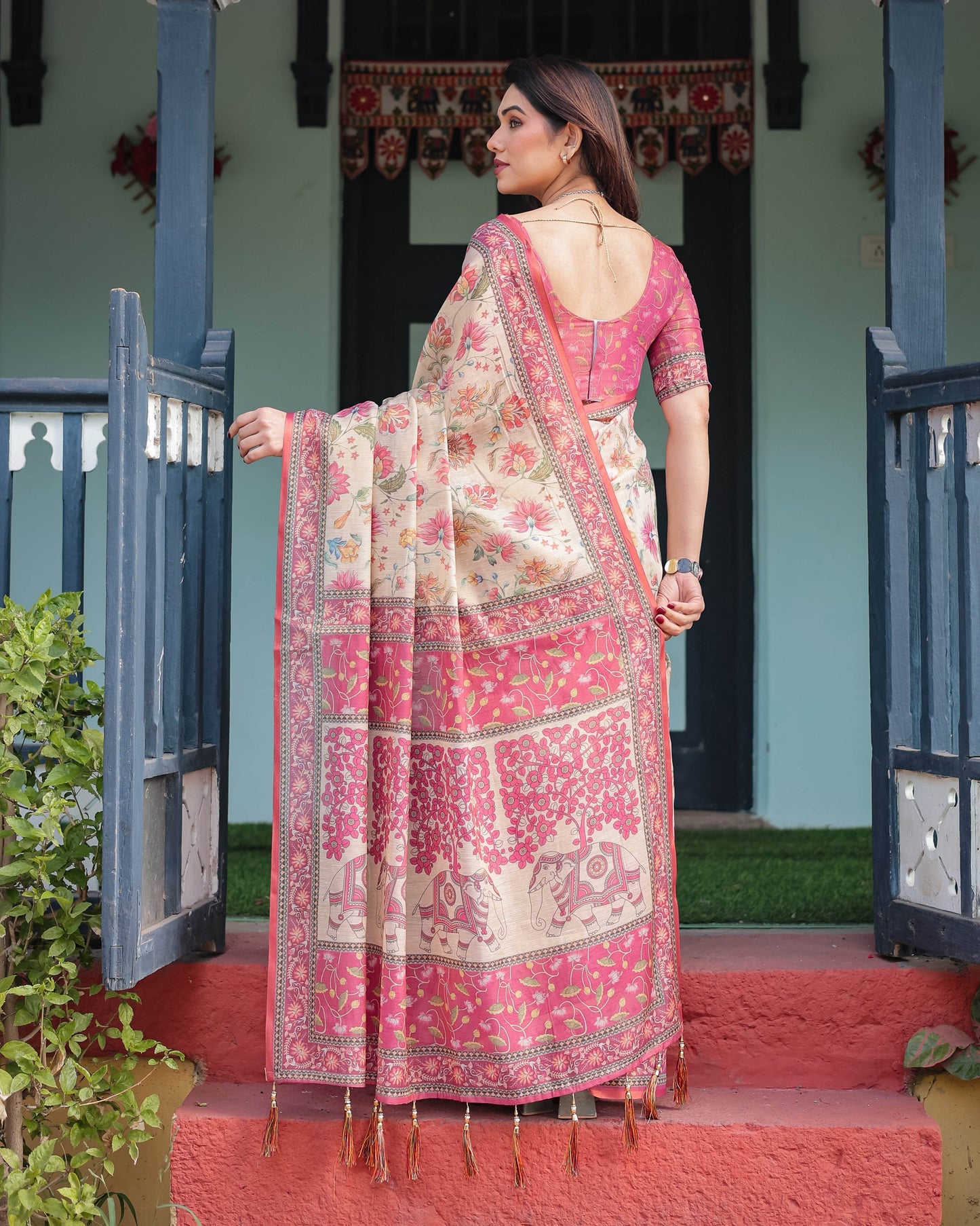 Cream and Pink Handloom Cotton-Linen Saree with Vibrant Floral and Elephant Motifs - SEEANS