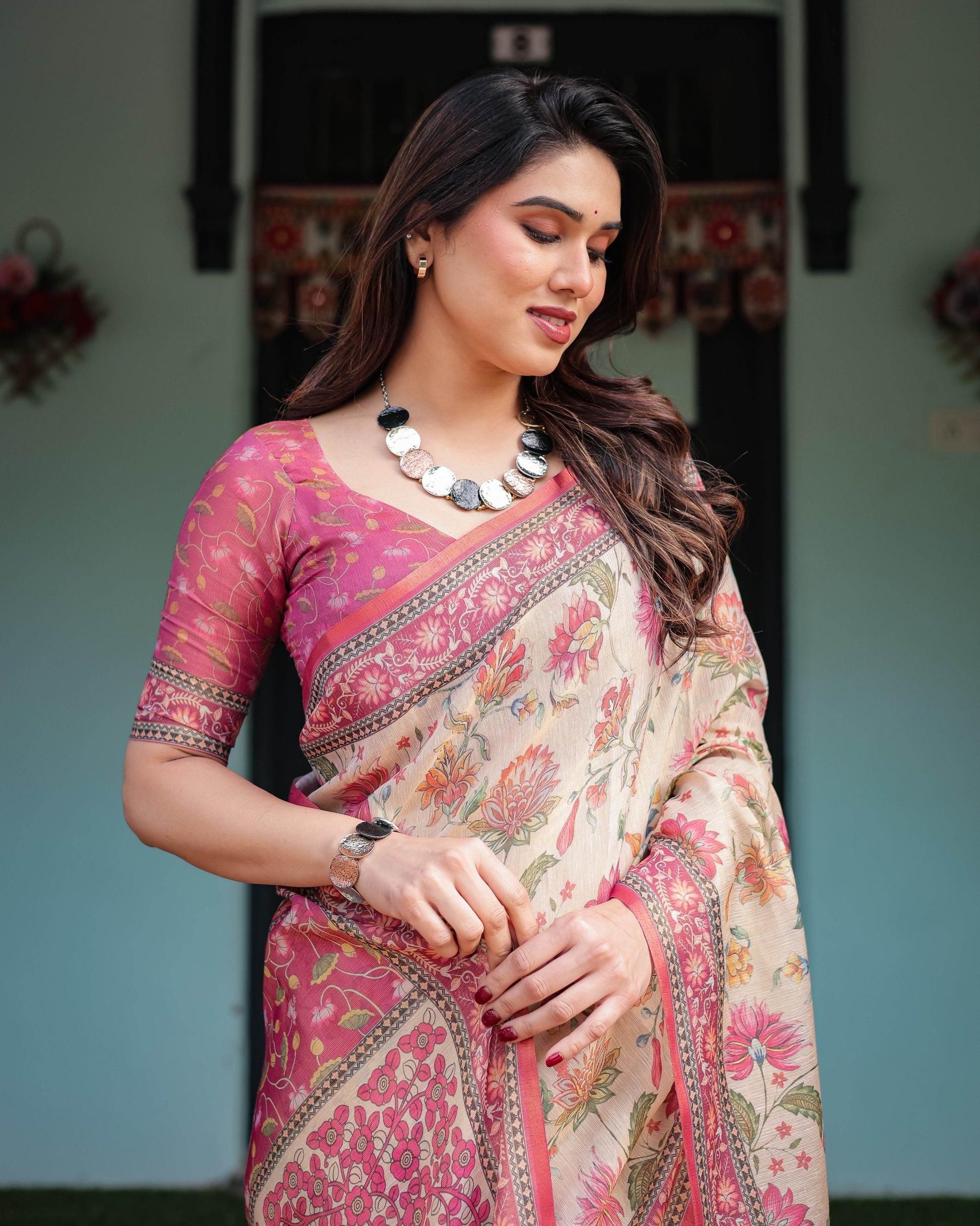 Cream and Pink Handloom Cotton-Linen Saree with Vibrant Floral and Elephant Motifs - SEEANS