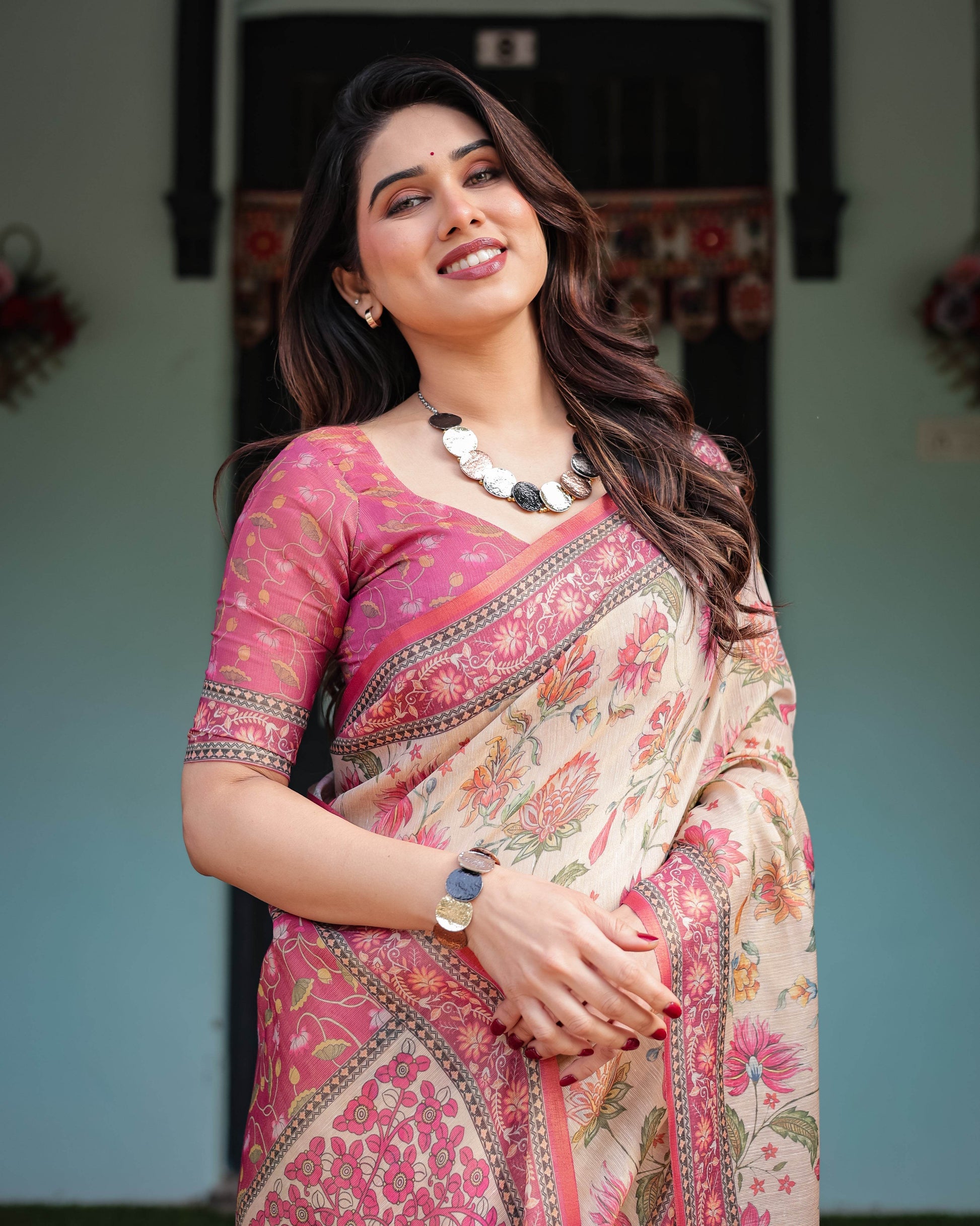 Cream and Pink Handloom Cotton-Linen Saree with Vibrant Floral and Elephant Motifs - SEEANS