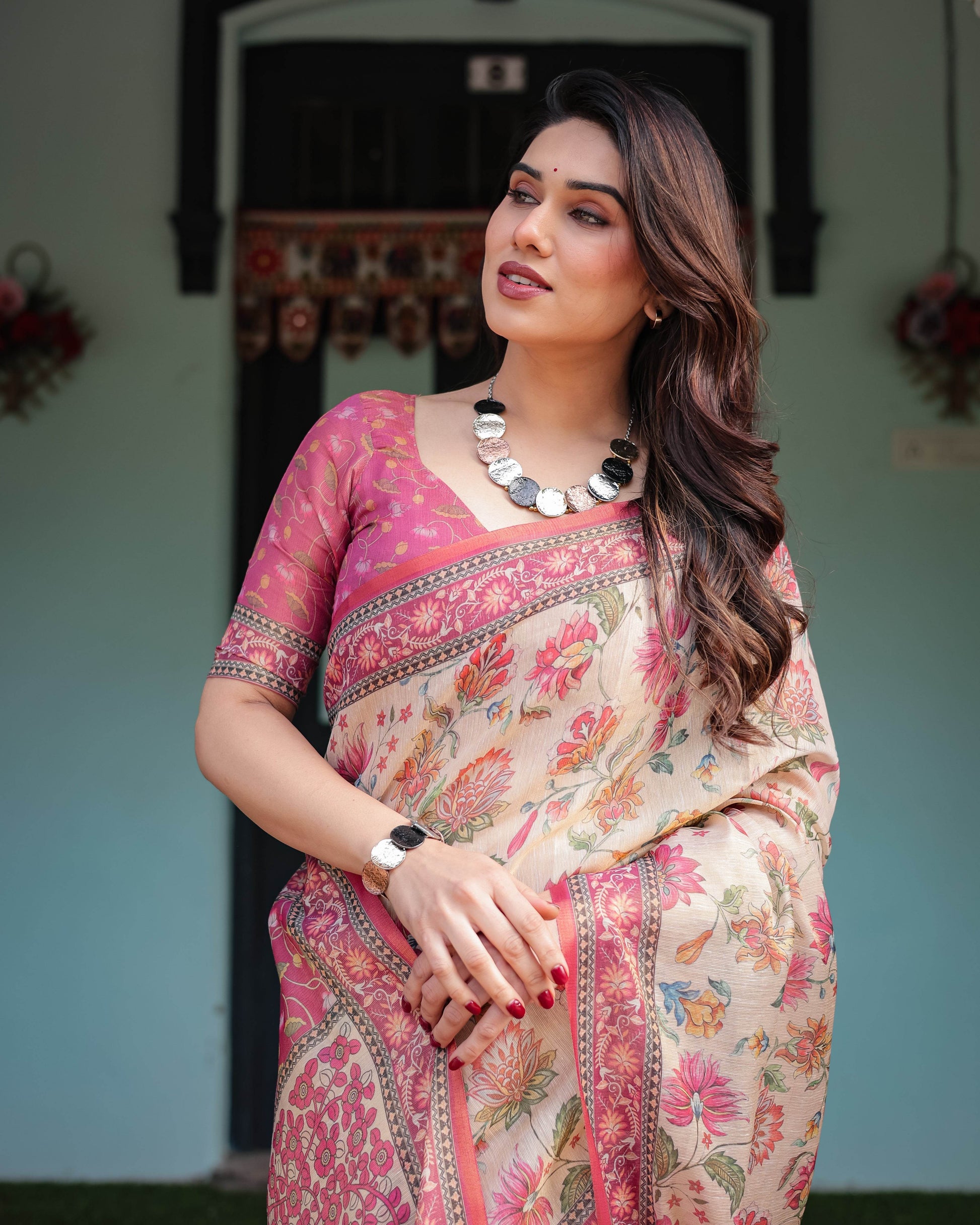 Cream and Pink Handloom Cotton-Linen Saree with Vibrant Floral and Elephant Motifs - SEEANS