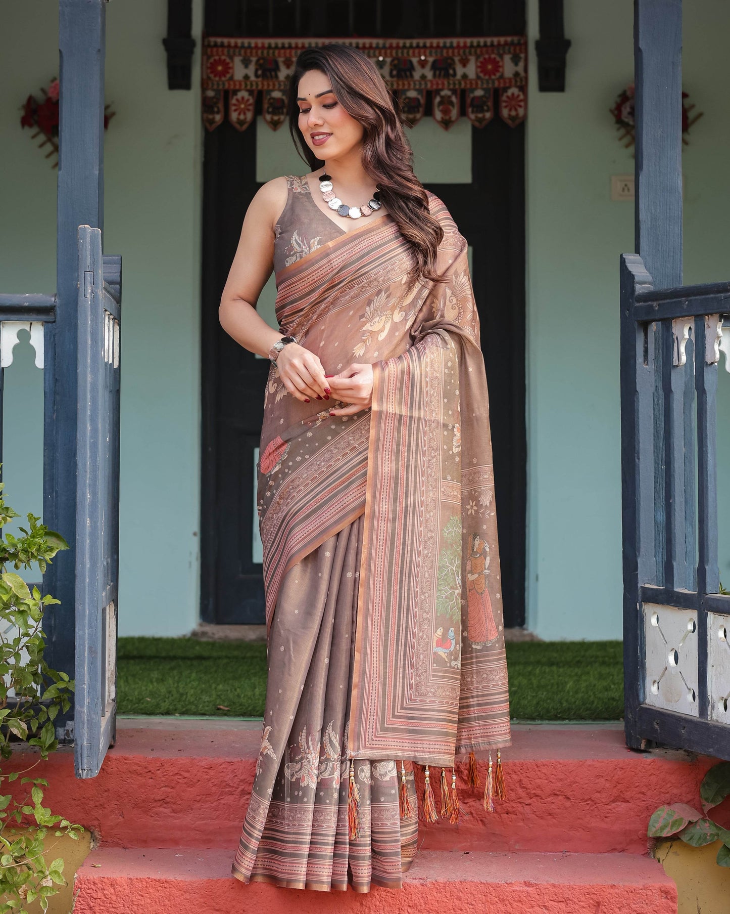 Earthy Brown Handloom Cotton-Linen Saree with Bird Motifs and Striped Detailing - SEEANS