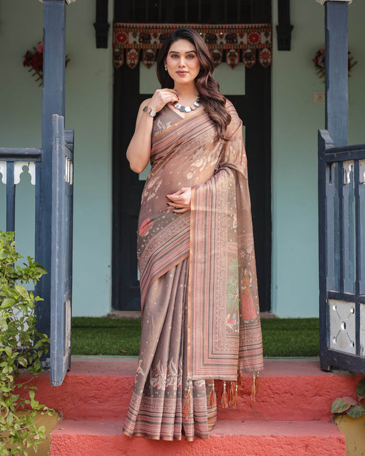 Earthy Brown Handloom Cotton-Linen Saree with Bird Motifs and Striped Detailing - SEEANS