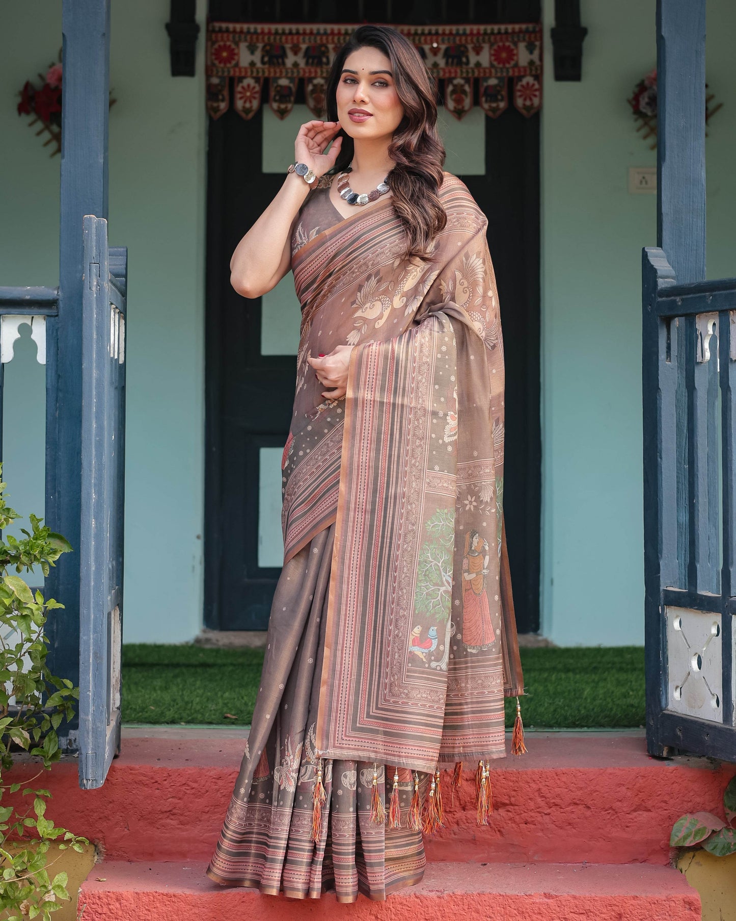 Earthy Brown Handloom Cotton-Linen Saree with Bird Motifs and Striped Detailing - SEEANS